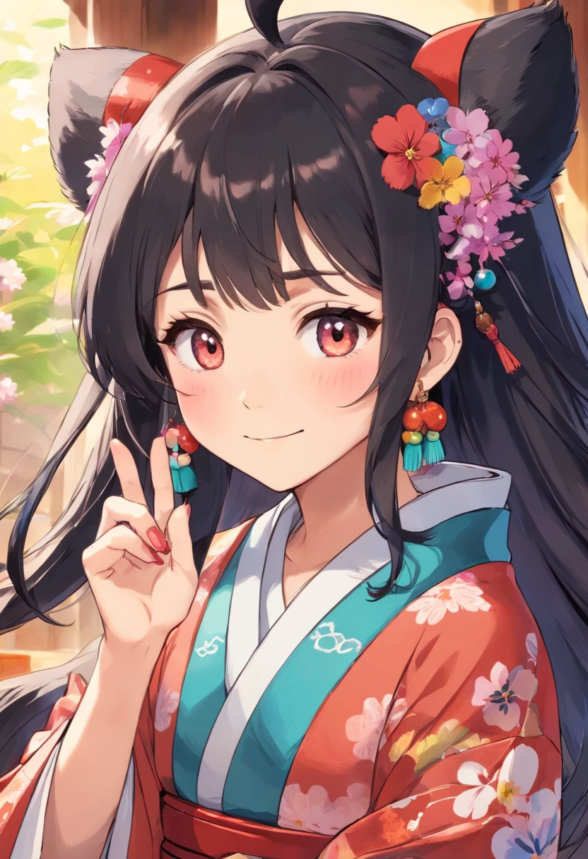 masutepiece, Best Quality,1girl in,(:3:1.3) ,(Close-up Face:1.4),animal ear fluff, Animal ears, Bangs, Black hair, blush, Closed mouth, earrings, with floral pattern, grey eyes, Hair Ornament, hair clips, hands on own cheeks, hands on own face, head rest, Komono, Jewelry, Kimono, Long sleeves, Looking at Viewer, print kimono, Red Nails, Smile, Solo, tassels, Upper body, Wide sleeves,
. Detailed drawings. Vivid colors. High image quality. --S 1000 --AR 4:5 - Rainbow 5