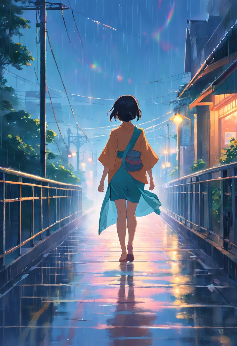 A Girl wears a saree and walking in a rain near bridge, sky has a rainbow