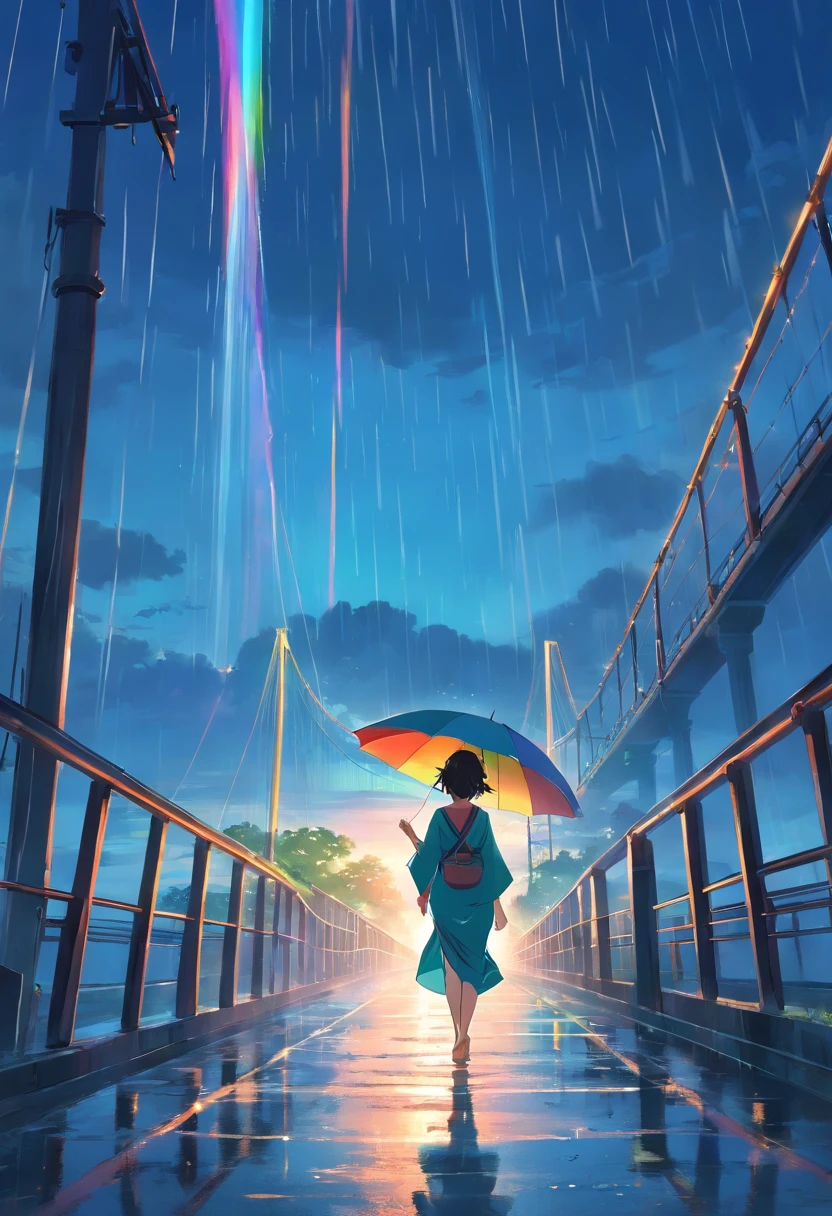 A Girl wears a saree and walking in a rain near bridge, sky has a rainbow