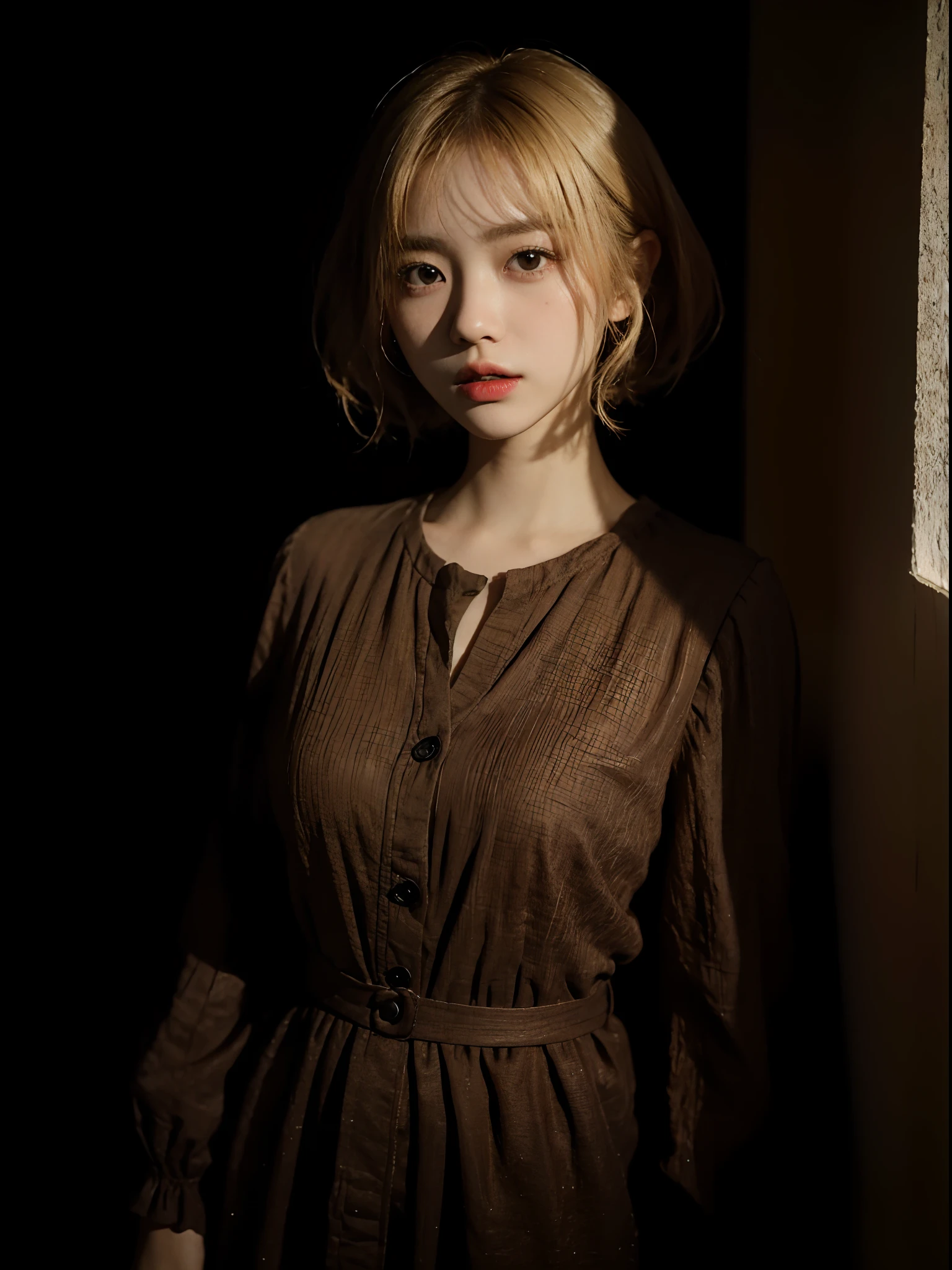 (pre-focus), (in the dark: 1.6),
Portrait of a 28 year old Korean girl, real photo, very detailed face, 4k, 1girl, in the dark, low light, (girly outfit:1.4), (short hair, blonde hair: 1.3), masterpiece, cccurate, textured skin, best quality,