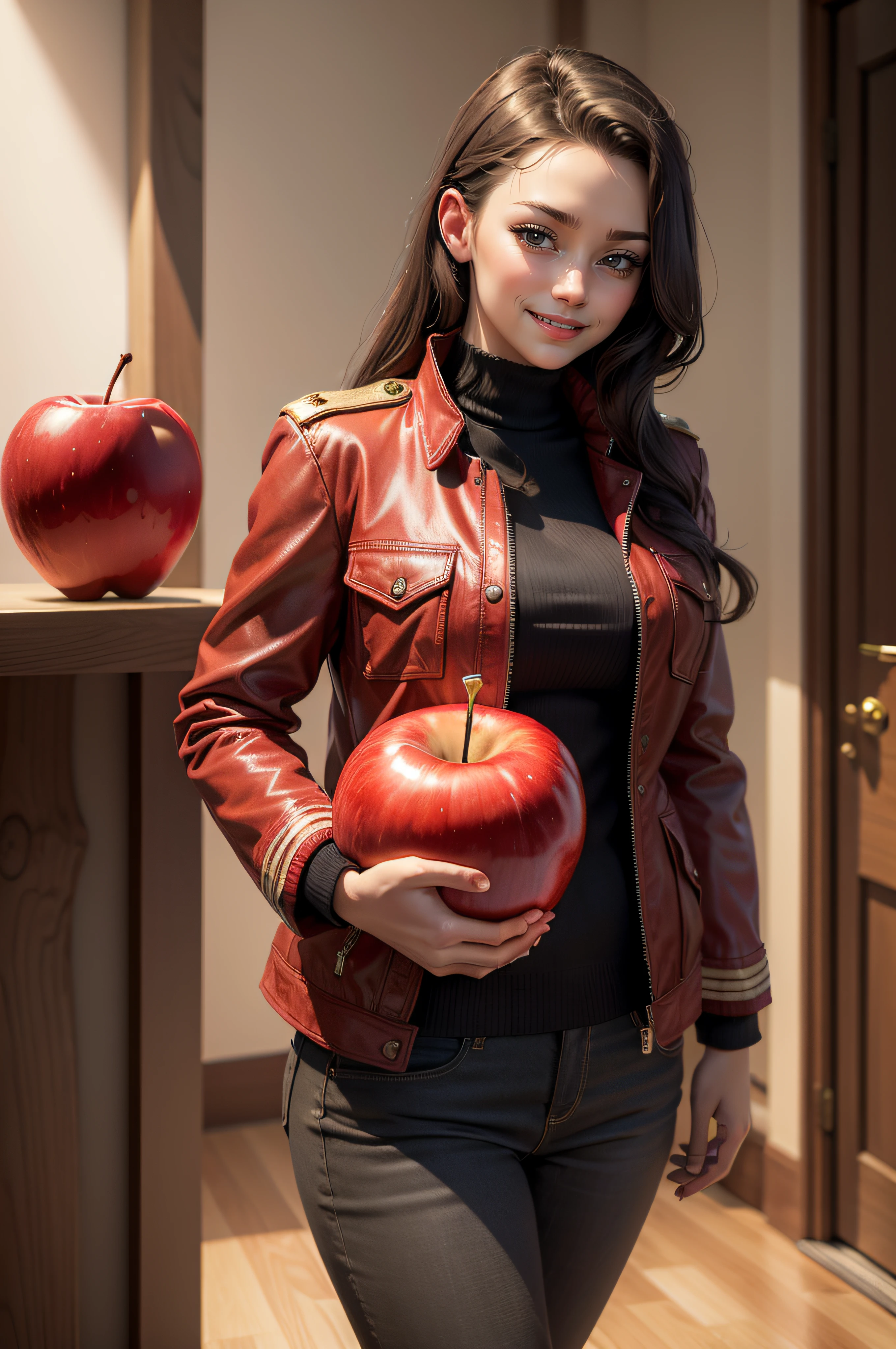 (photorealistic, masterpiece, best quality),  face smiling,  Standing and mimicking holding a big red apple, 
military uniform, jacket, three-dimensional maneuver gear