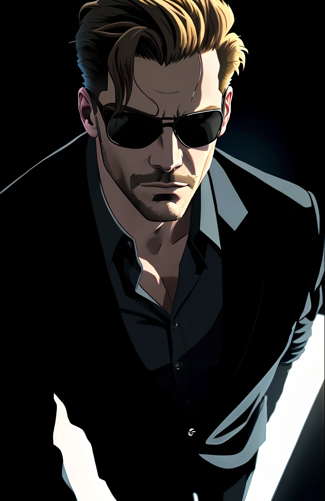 ((Best quality)), ((Masterpiece)), (Detailed) Fan art of evil blonde man (Guy Pierce) Coming out of the shadows in a pitch-black suit, blond ((Guy Pierce)) Step into the light and walk towards the camera, Guy Pierce, The Matrix (1999), Square sunglasses, Night, 80mm, ((western animation)), (albert wesker), (Short hair), (Extreme closeup)