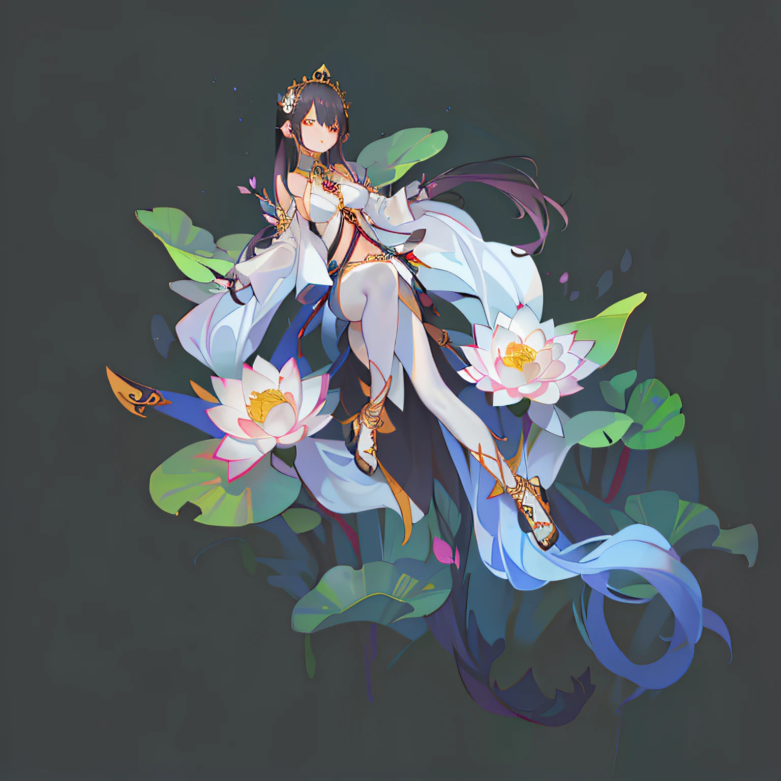 Exquisitely,Woman with long hair,catss,lotuses,Lotus leaf,ancient wind