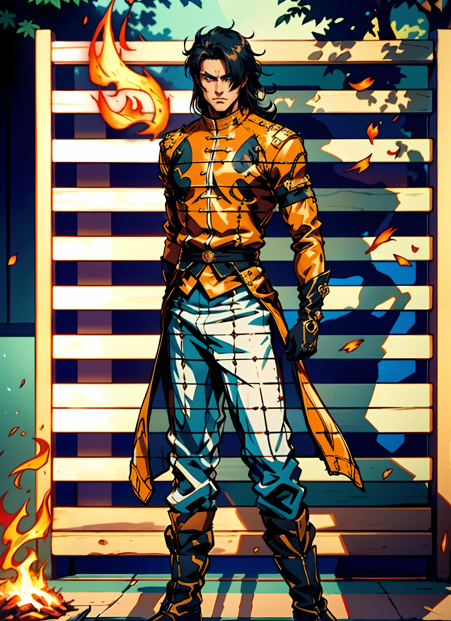 A young man with flowing black hair, a tuft of golden hair that partially covers one eye, a handsome and resolute face, a trace of loneliness in his firm gaze, a two-piece outfit that combines fantasy and martial arts elements, consisting of a tight-fitting shirt and a jacket, the outfit features twisted flame patterns, with white as the main color and red and blue as secondary colors, wears gloves that also serve as wrist guards, dark pants, boots embellished with metal decorations, this character embodies a finely crafted fantasy-style Chinese martial hero design in anime, characterized by a sophisticated and mature manga art style, high definition, best quality, highres, ultra-detailed, ultra-fine painting, extremely delicate, professional, anatomically correct, symmetrical face, extremely detailed eyes and face, high quality eyes, creativity, RAW photo, UHD, 8k, Natural light, cinematic lighting, masterpiece:1.5