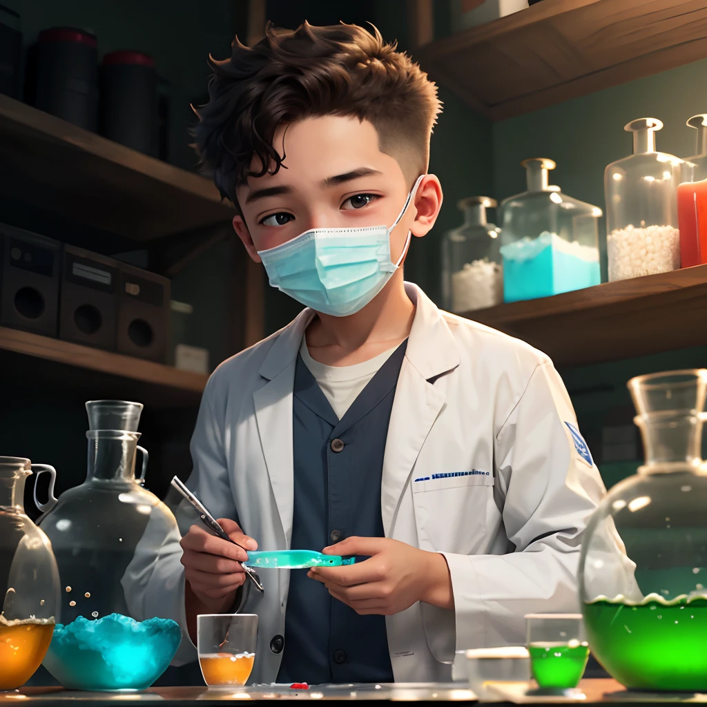 A boy in a lab coat is doing an experiment in the lab
