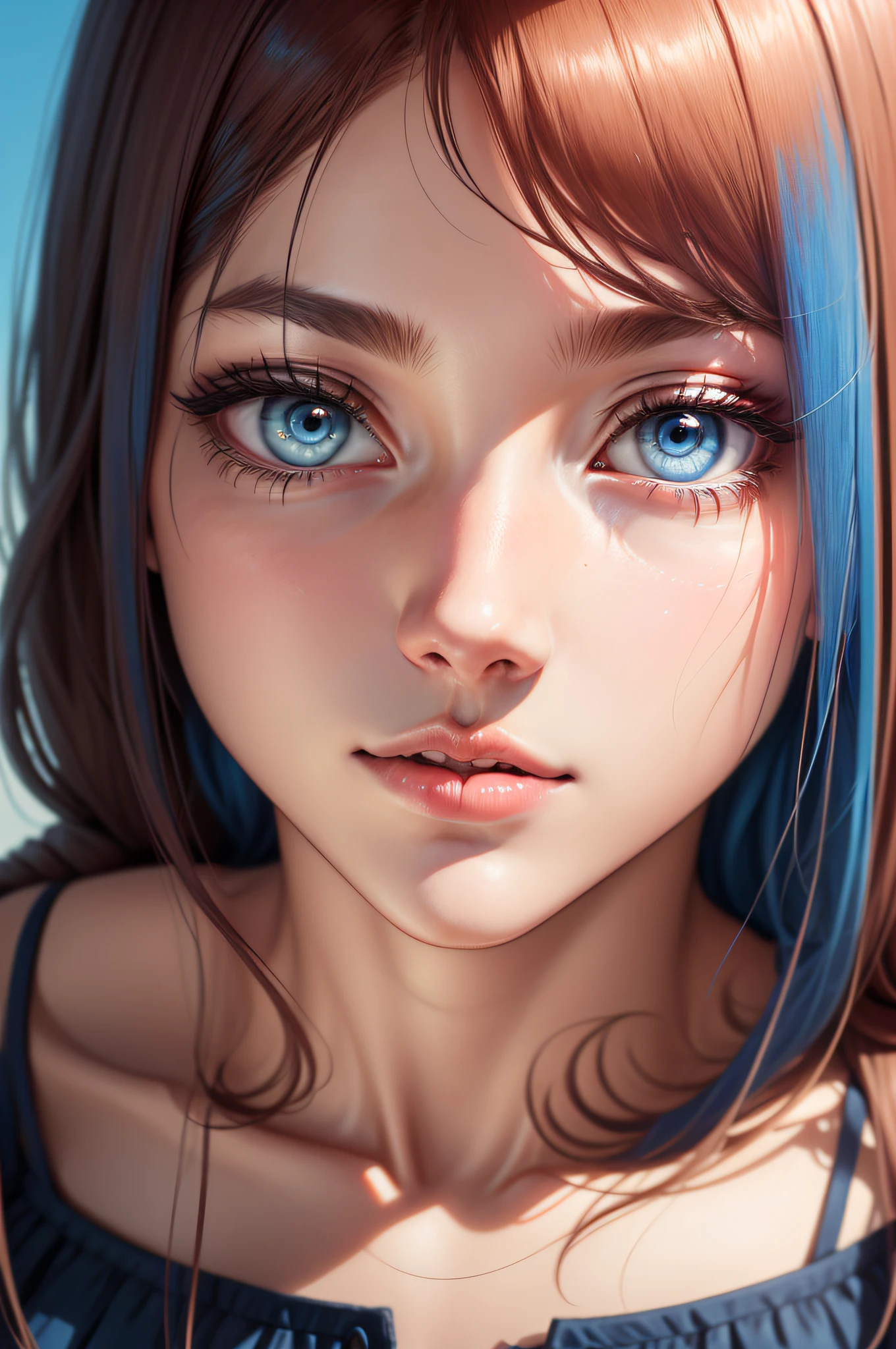 close up picture of anime drawing of a woman with blue hair and a blue dress, 1girl, solo, blue eyes, brown hair, lips