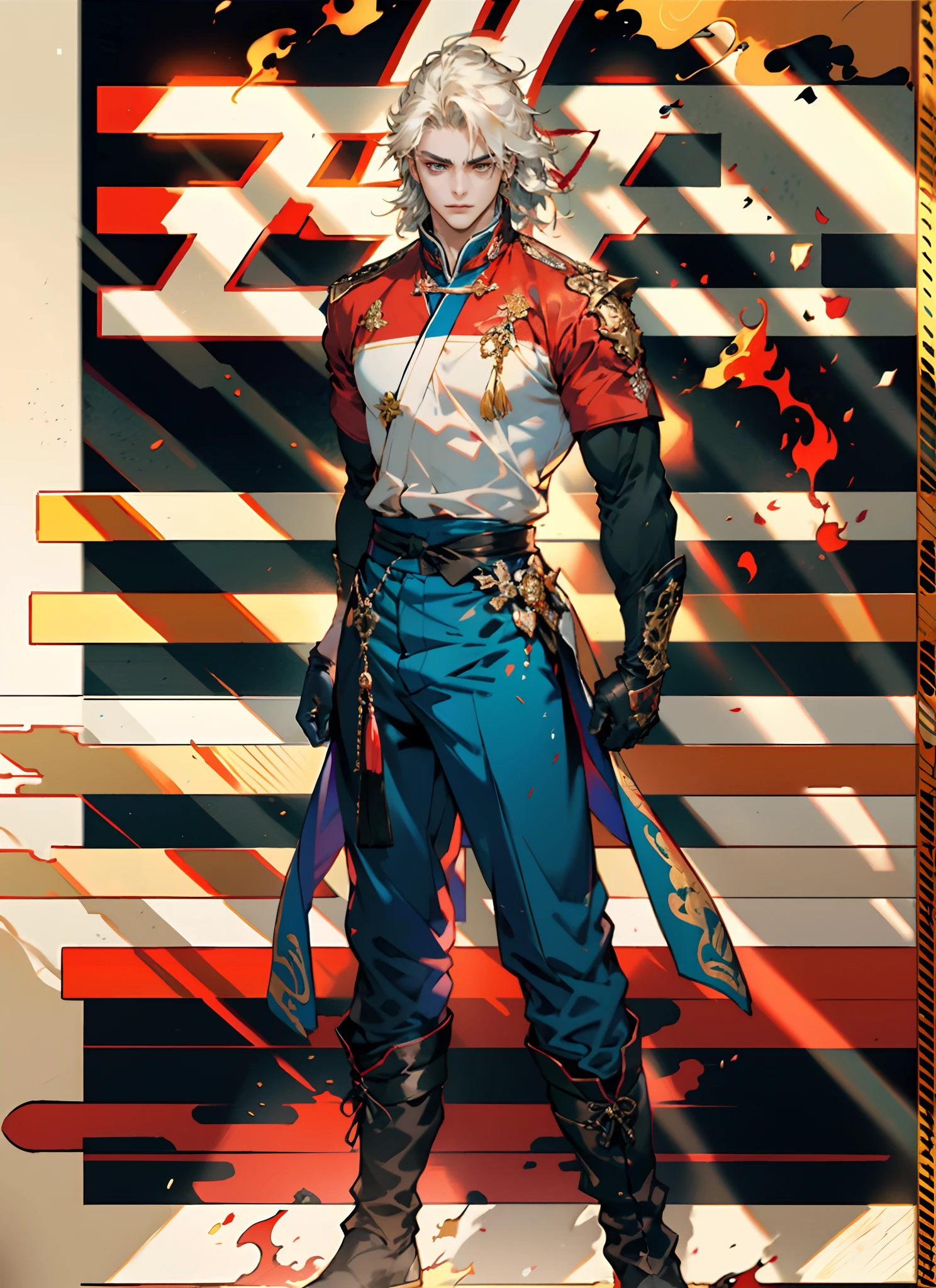 A young man with flowing black hair, a tuft of golden hair that partially covers one eye, a handsome and resolute face, a trace of loneliness in his firm gaze, a two-piece outfit that combines fantasy and martial arts elements, consisting of a tight-fitting shirt and a jacket, the outfit features twisted flame patterns, with white as the main color and red and blue as secondary colors, wears gloves that also serve as wrist guards, dark pants, boots embellished with metal decorations, this character embodies a finely crafted fantasy-style Chinese martial hero design in anime, characterized by a sophisticated and mature manga art style, high definition, best quality, highres, ultra-detailed, ultra-fine painting, extremely delicate, professional, anatomically correct, symmetrical face, extremely detailed eyes and face, high quality eyes, creativity, RAW photo, UHD, 8k, Natural light, cinematic lighting, masterpiece:1.5