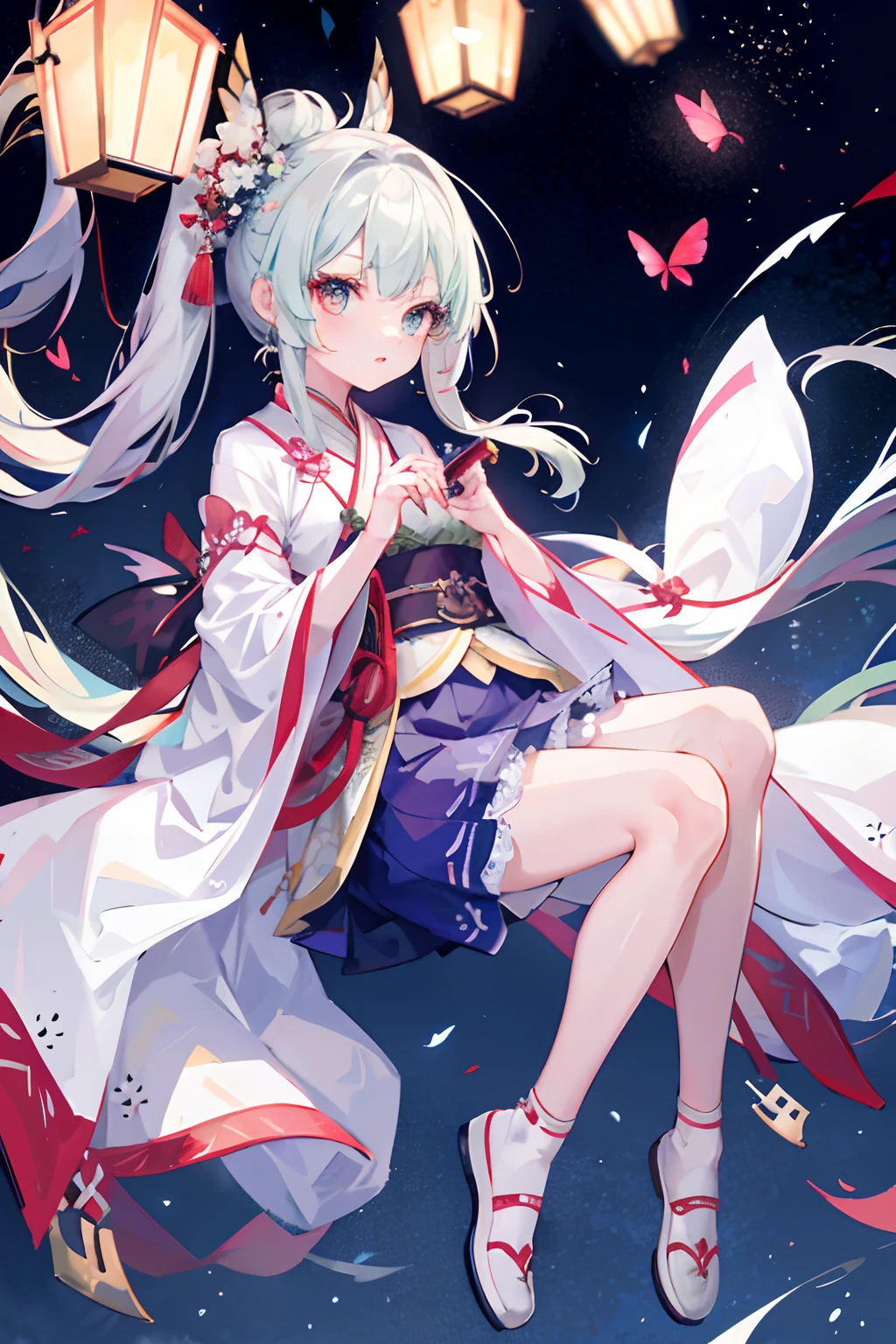 1girl，nightcity，yuki，Hanfu，Skirt，jumpping，long leges，White shoes，Square lanterns，Green hair，butterflies flying，Carry a red umbrella on your back，blue clothes，Green hair