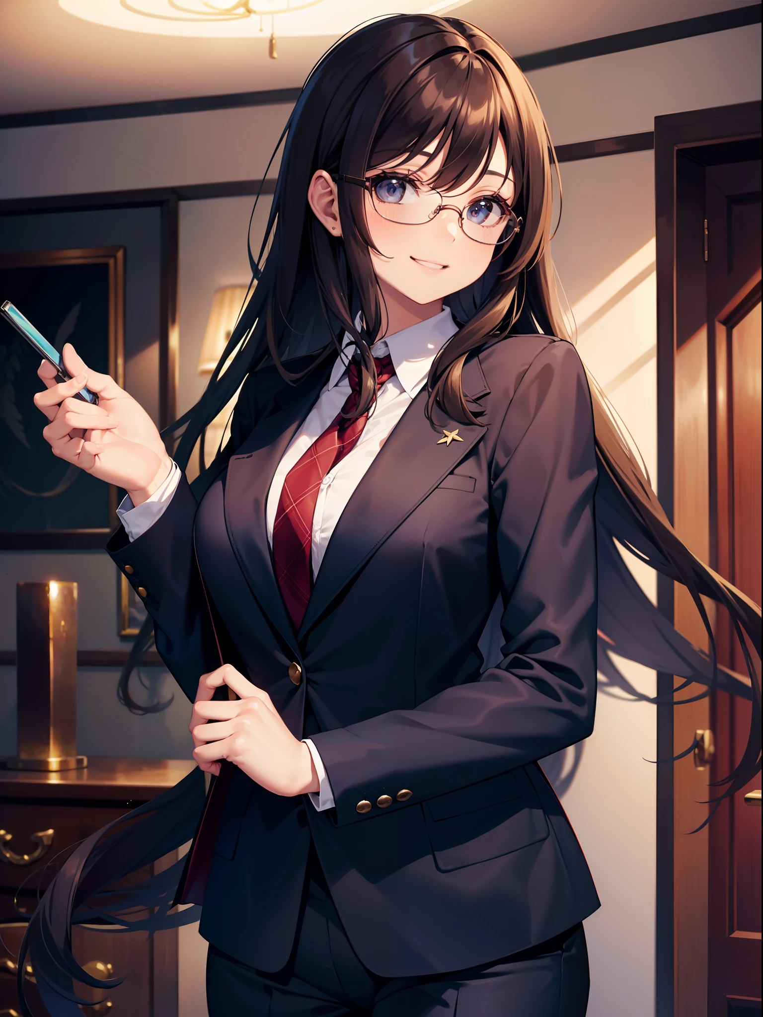 Vulgar, one beautiful woman, brown semi-long hair, glasses, smiling face, formal pantsuit, wearing blue underwear inside, stooped and peeking