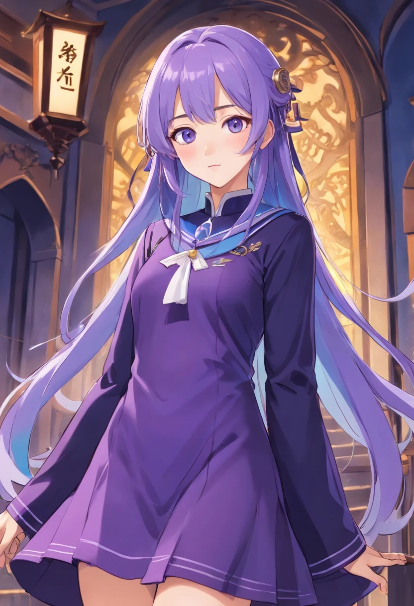 best qualtiy,超高分辨率,1girl,Female clergy,Clergy attire,lewd nun,Nun costumes,adolable,Black and white clothes,(Kpop idol),(aegyo sal:1),(Gorgeous Hair in Long Purple:1),(blue colored eyes),It looks like in front of the audience,The whole body of the character,facing the front there,highly detailed exquisite fanart, Great character design,anatomy correct,highly detailed character,Stiletto heels,Bare legs,Western-style magic
