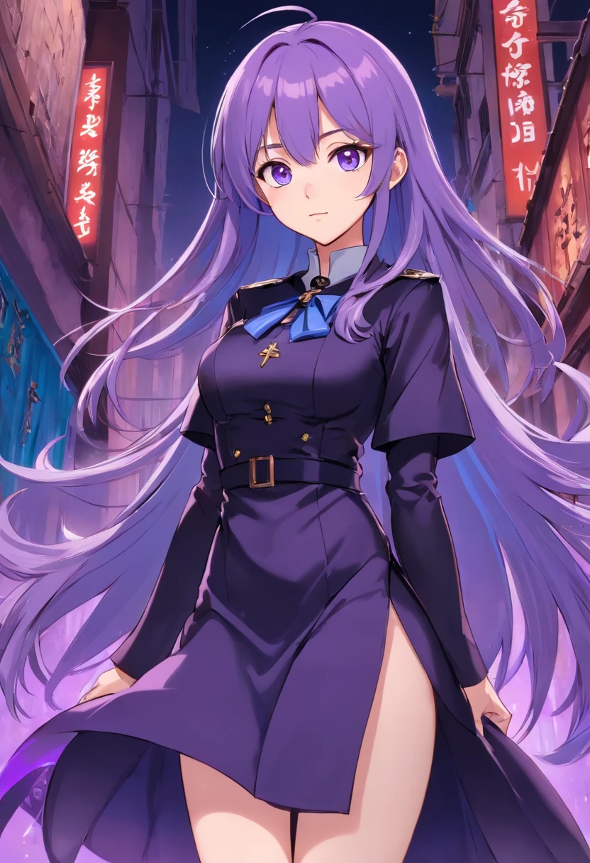 best qualtiy，超高分辨率，1girl，Female clergy，Clergy attire，lewd nun，Nun costumes，adolable，Black and white clothes，（Kpop idol），（aegyo sal：1），（Gorgeous Hair in Long Purple：1），（blue colored eyes），It looks like in front of the audience，The whole body of the character，facing the front there，highly detailed exquisite fanart, Great character design，anatomy correct，highly detailed character，Stiletto heels，Bare legs，Western-style magic