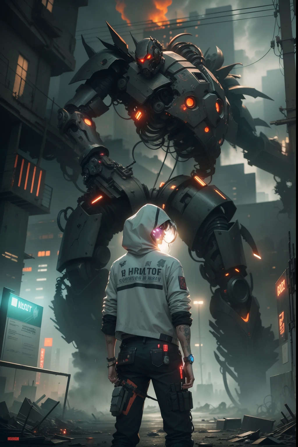 best quality,4k,8k,highres,masterpiece:1.2,ultra-detailed,realistic,photorealistic:1.37,Gay boy Roy and Gore from the future,(futuristic,sci-fi) portraits,metallic textures,dystopian landscape,haunting atmosphere,mysterious colors,dark and moody lighting,mechanical elements,neon lights,advanced technology,unique fashion style,robotic enhancements,post-apocalyptic setting,gloomy background,urban decay,scattered debris,crumbling buildings,dramatic poses,vivid expressions,Sharp and edgy lines,glowing eyes,visible emotions,intense and dynamic composition,gritty and raw aesthetic,ominous presence,contrasting shades,detail-oriented depiction,bold and vibrant tones,high contrast imagery,dramatic shadows,industrial cityscape,graffiti art,post-human evolution,uncanny feeling,disrupted reality,emotive facial features,foreboding ambiance,tech-infused elements,forefront fashion trend,rebellious character,transcendent beings,blending organic and artificial elements,strong personality,cyberpunk influence,abstract figures,emotionally charged scene,horror undertones,ambiguous narrative,colossal skyscrapers,looming darkness,ominous sky,visual storytelling,epic battle,apocalyptic future,immersive experience