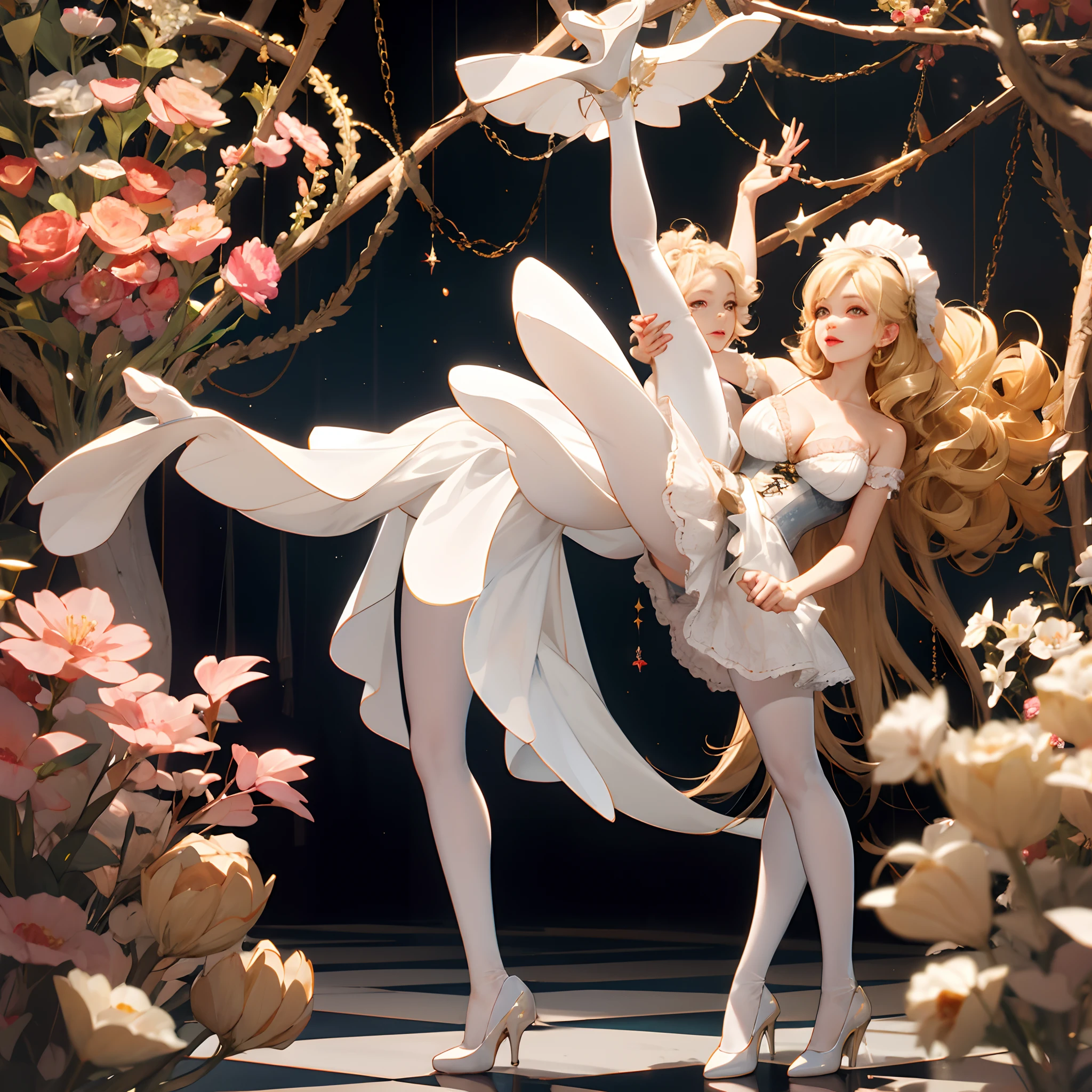 Lori huge breasts cleavage,blond hairbl,quadratic element,Lolita prostitute,Mary pearl shoes,curlies,Long hair and waist,cute face,Shy face,standing on your feet,White panty hose,