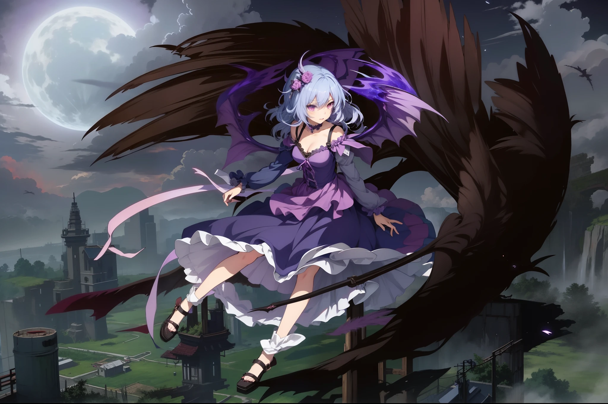 tmasterpiece,HighestQuali,Anime girl flying before full moon in purple dress, demon anime girl, Anime monster girl, from touhou, nightcore, gothic maiden anime girl, touhou project, touhou character, anime in fantasy style, Touhou, epic anime fantasy, flying anime esper, wings are clouds of darkness, Epic anime style, with hellish devil wings