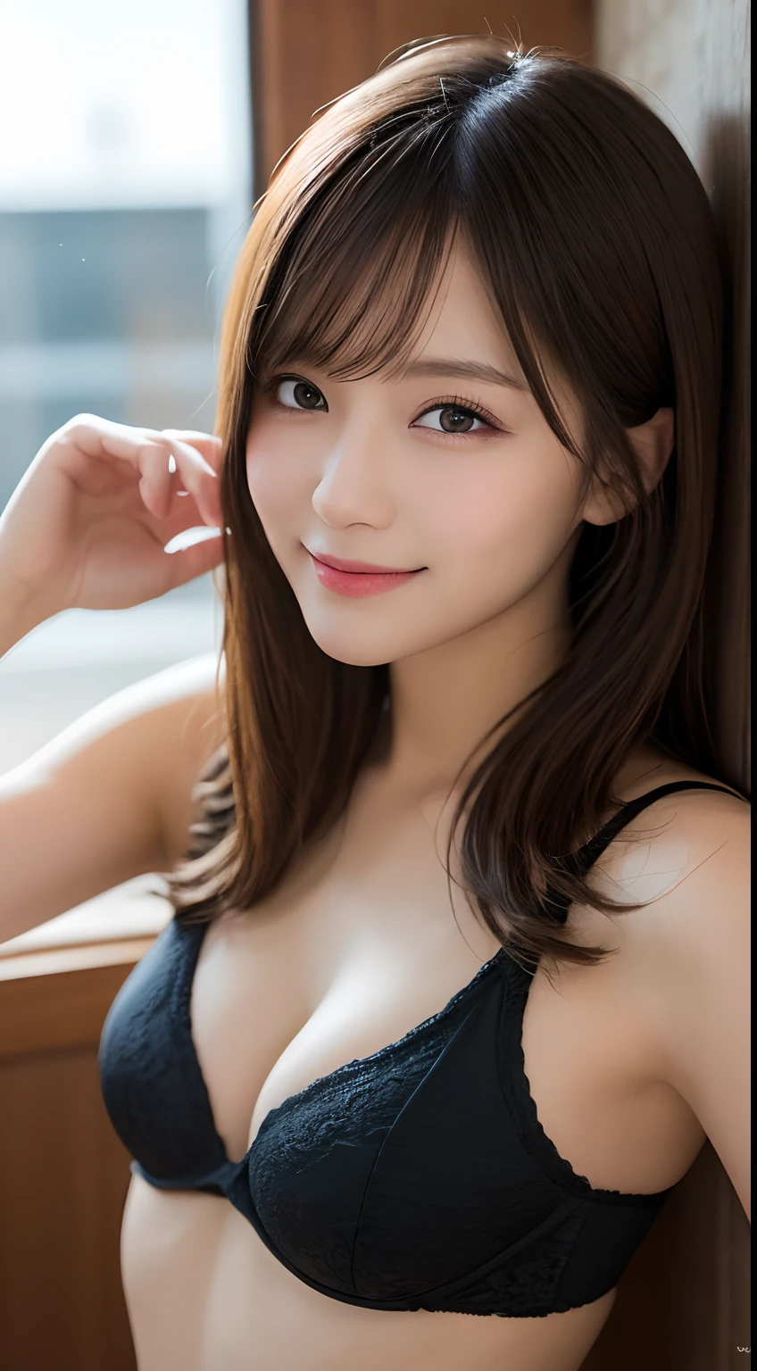 masutepiece, Best Quality, Illustration, Ultra-detailed, finely detail, hight resolution, 8K Wallpaper, Perfect dynamic composition, Beautiful detailed eyes, sexy underwear,Medium hair,Small breasts natural color lip, Bold sexy poses,Smile,5-star suite、20 years girl、Cute、Subject looking at sexy pose on camera