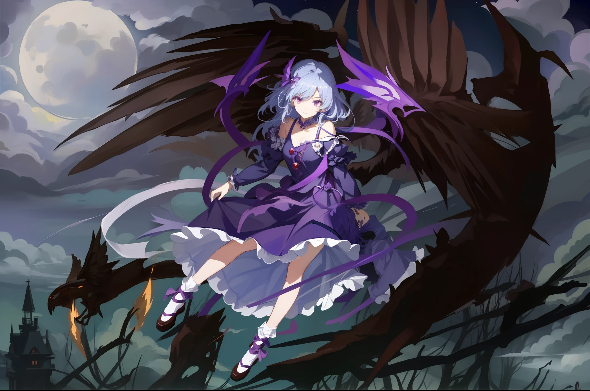 tmasterpiece,HighestQuali,Anime girl flying before full moon in purple dress, demon anime girl, Anime monster girl, from touhou, nightcore, gothic maiden anime girl, touhou project, touhou character, anime in fantasy style, Touhou, epic anime fantasy, flying anime esper, wings are clouds of darkness, Epic anime style, with hellish devil wings