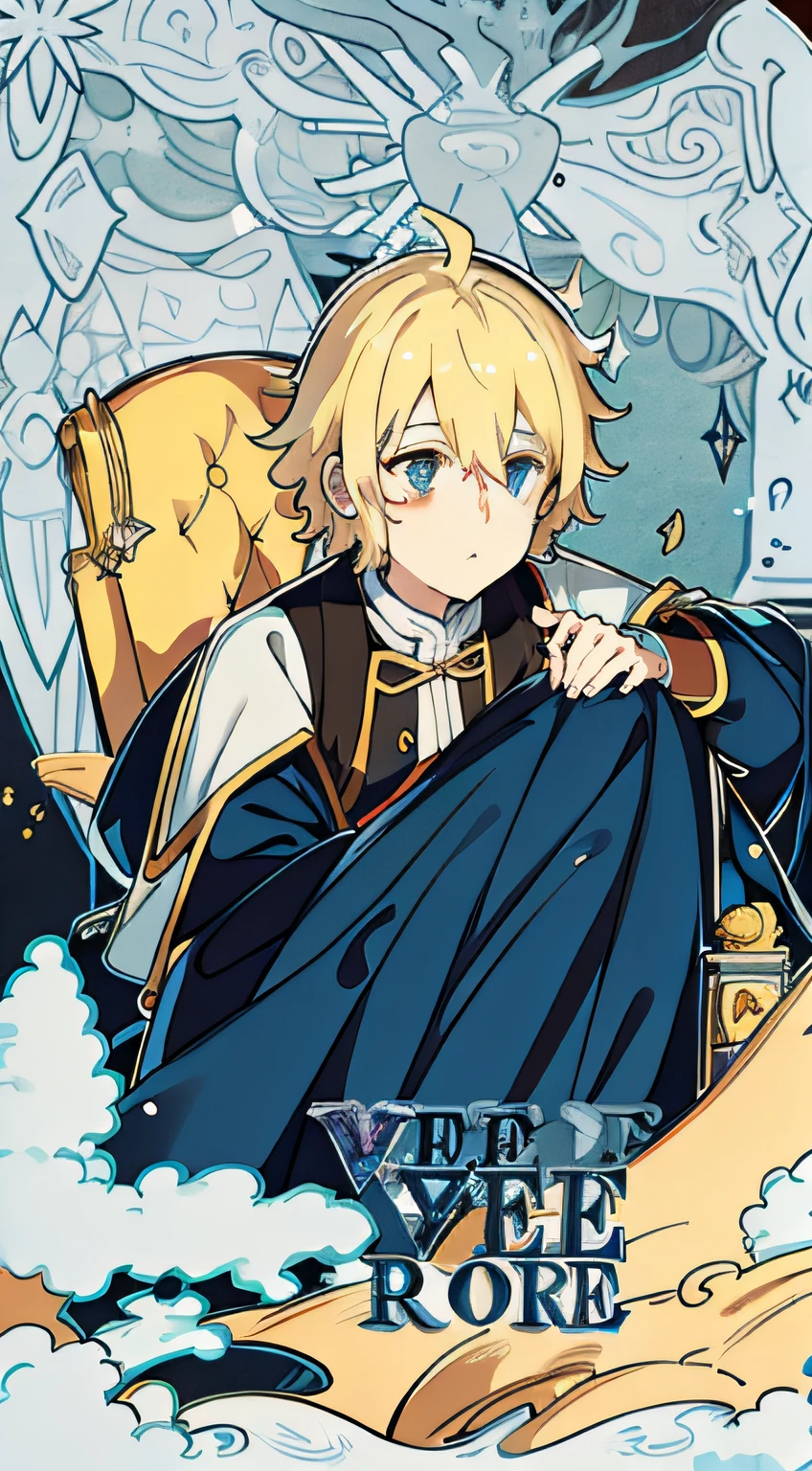 Young blonde anime, Body-beautifying, Dark blue eyes, magestic，Magic Array，the Lion