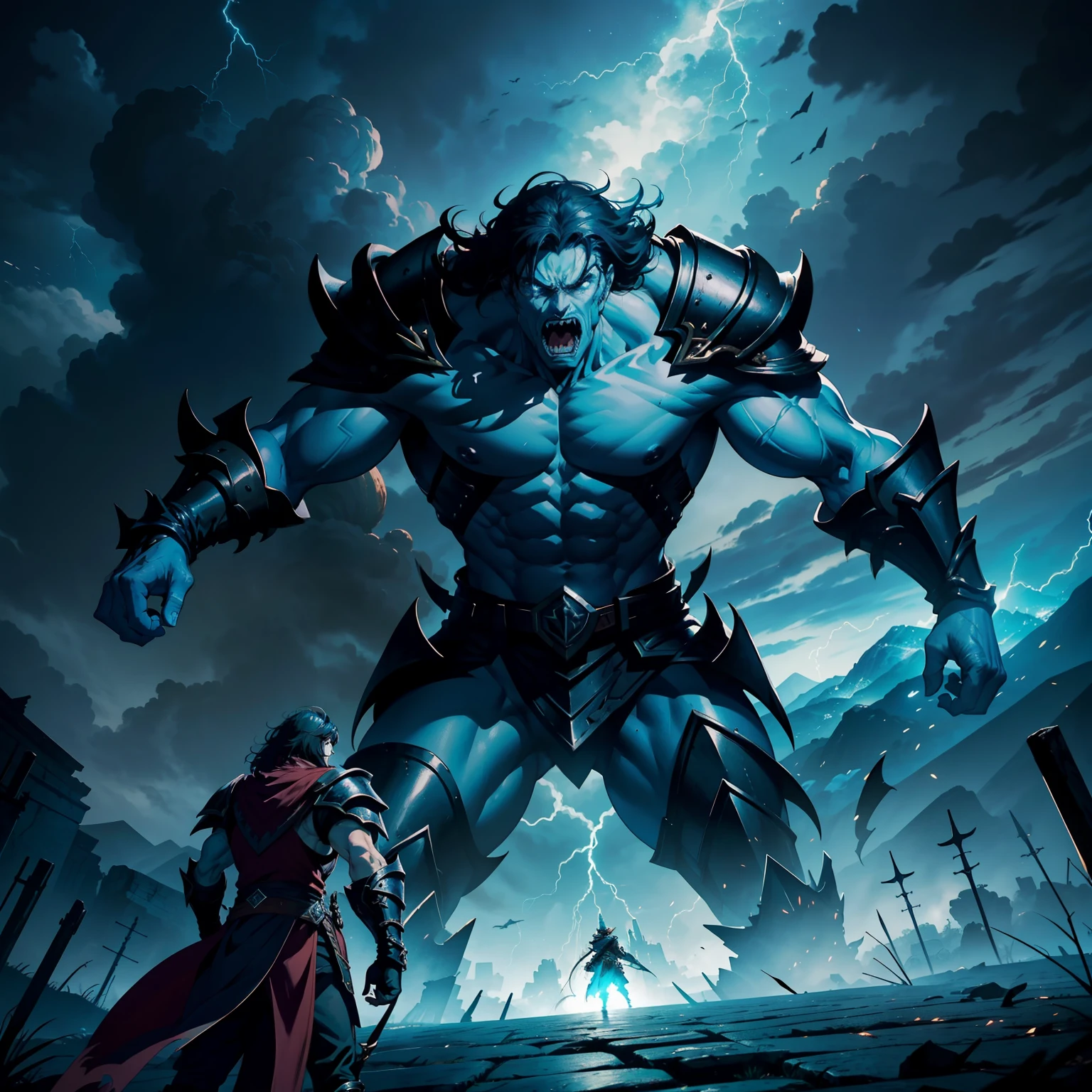 In the epic battle scene of Castlevania: Lords of the Shadows, imagine the formidable confrontation between Gabriel Belmont wearing full heavy armor Wearing leather The armor covers his entire hyper realistic body super detailed and the fearsome Titan at the top of the ancient mountain. Lightning crackles in the stormy sky as they engage in a legendary confrontation, Leurs pouvoirs entrent en collision avec une force qui fait trembler la terre. The Titan's colossal fists collide with Gabriel's enchanted whip, tandis que le paysage tremble sous leur lutte titanesque