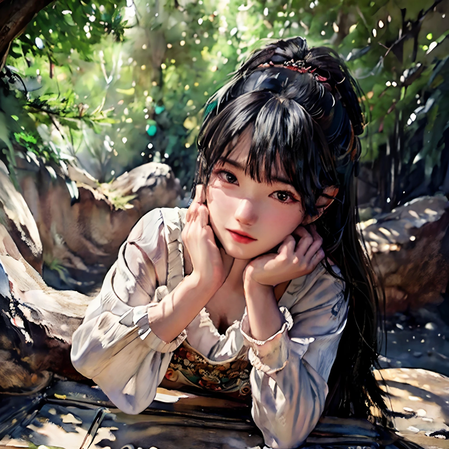 (The upper part of the body:1.5)、(White background:1.4)、((Tachie))、Original、(illustratio:1.1)、(top-quality)、(masterpiece:1.1)、(Ultra detailed CG unified 8k wallpaper:1.1)、(colourfull:0.9)、(panoramic shot:1.4)、(full body Esbian:1.05)、(独奏:1.2)、(Ink splashing)、(Color splattering)、((watercolor paiting))、Crisp focus、{ 1 Girl Standing},flowers background,plein air,boulders, Look at the viewer、make happy expressions,Soft smile,pure,beautiful detailed face and eyes、beautyfull intricacy clothing decorative pattern details、Dark hair、Black eyes、colorwater