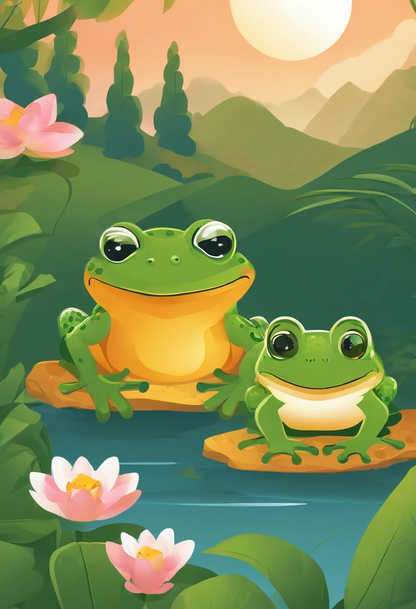 Flat illustration style，The solar term rises on the summer solstice，There are two frogs by the creek，Cool breath in summer，Business posters
