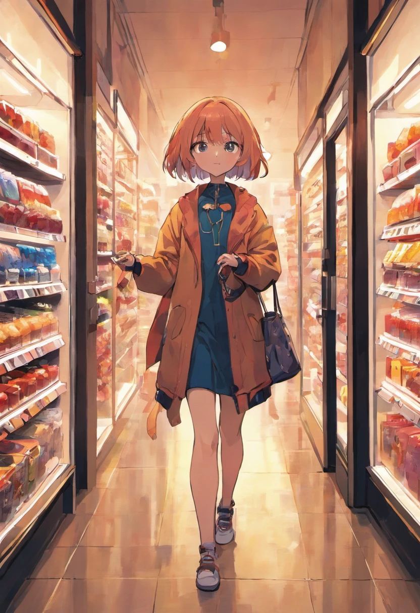 A girl shopping with a dog on a leash