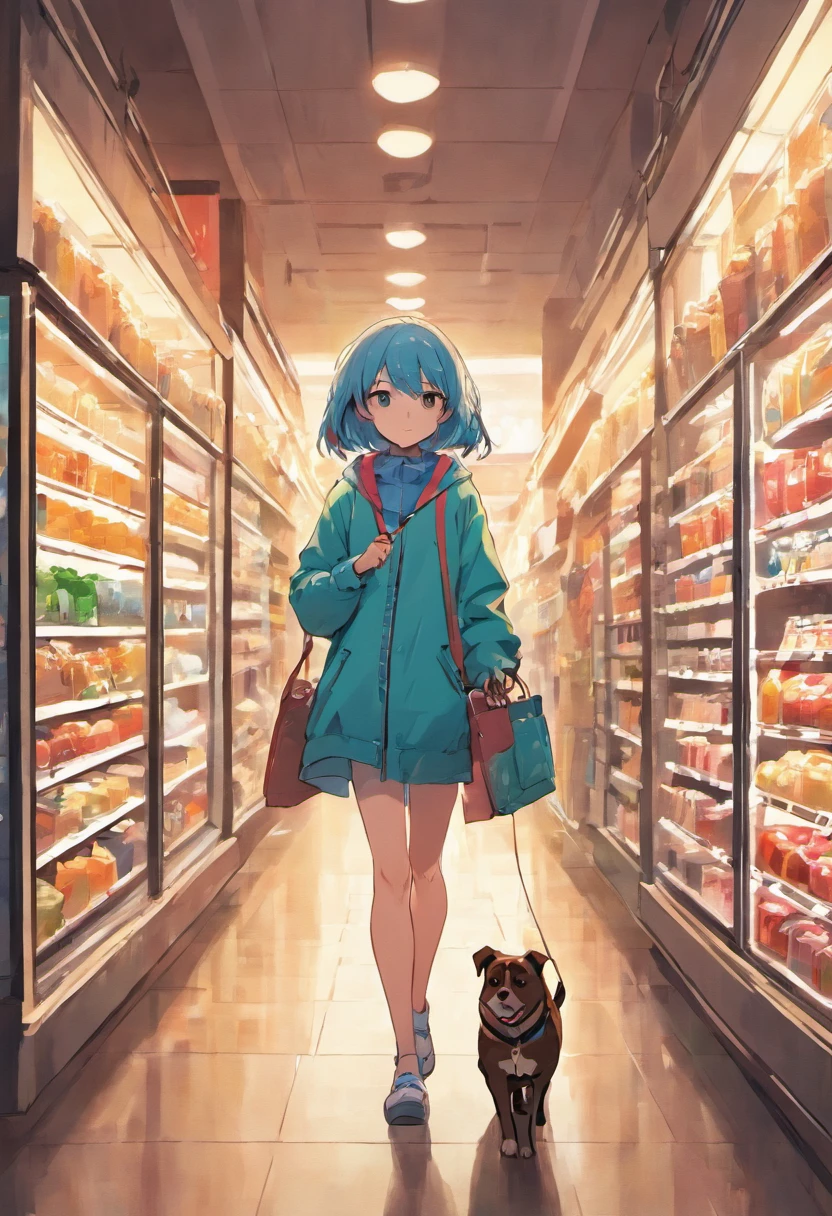 A girl shopping with a dog on a leash