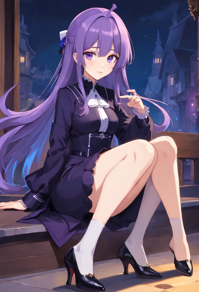 best qualtiy,超高分辨率,1girl,Female clergy,Clergy attire,lewd nun,Nun costumes,adolable,Black and white clothes,(Kpop idol),(aegyo sal:1),(Gorgeous Hair in Long Purple:1),(blue colored eyes),It looks like in front of the audience,The whole body of the character,facing the front there,highly detailed exquisite fanart, Great character design,anatomy correct,highly detailed character,Stiletto heels,Bare legs,Western-style magic,Religious atmosphere