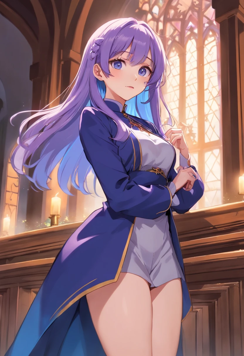 best qualtiy，超高分辨率，1girl，Female clergy，Clergy attire，lewd nun，Nun costumes，adolable，Black and white clothes，（Kpop idol），（aegyo sal：1），（Gorgeous Hair in Long Purple：1），（blue colored eyes），It looks like in front of the audience，The whole body of the character，facing the front there，highly detailed exquisite fanart, Great character design，anatomy correct，highly detailed character，Stiletto heels，Bare legs，Western-style magic，Religious atmosphere