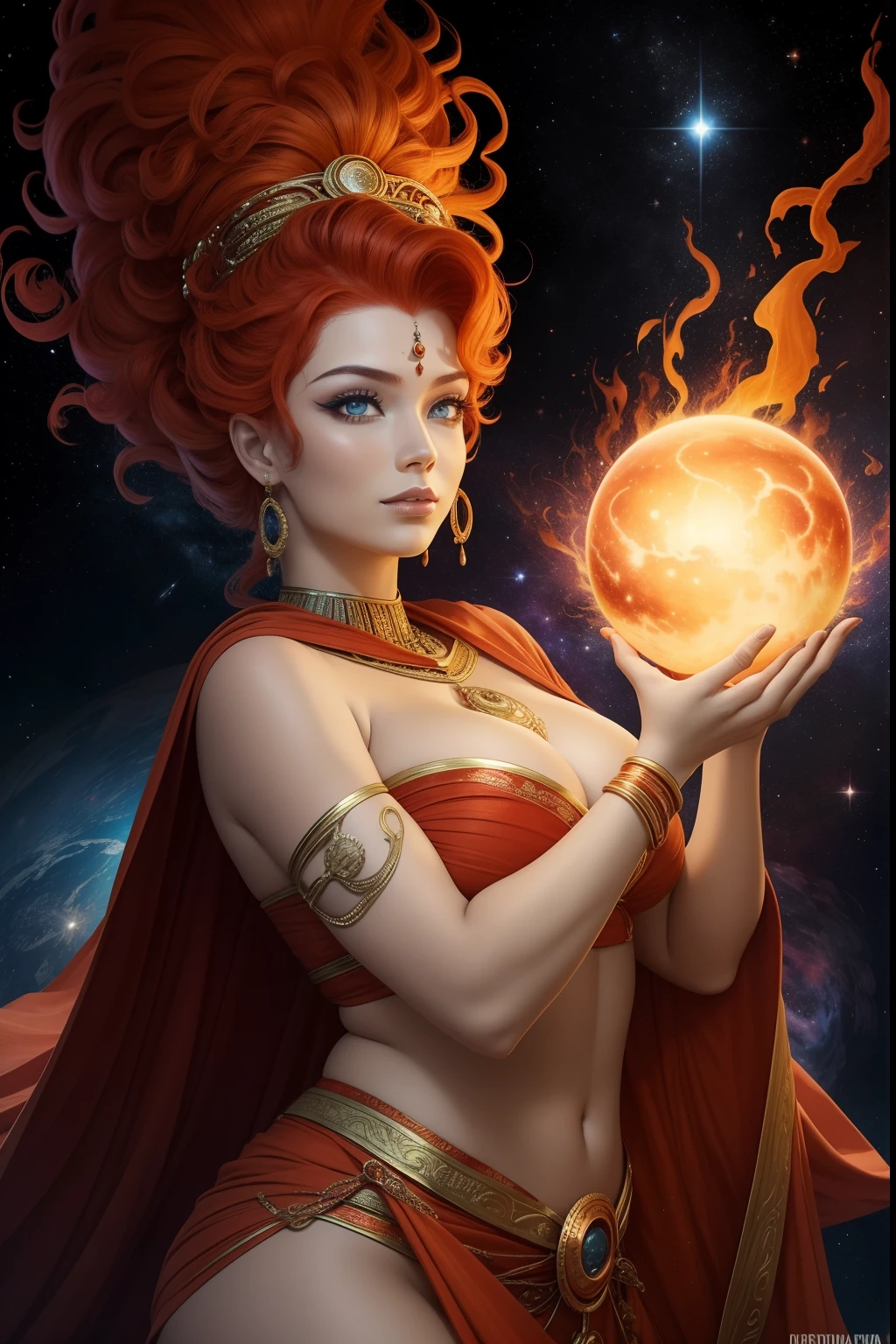 A fiery cosmic deity with flaming hair, a Deusa Ruiva irradia o brilho das estrelas. His eyes reflect distant galaxies, and his touch gives the essence of life to the planets. She is the creative force that weaves the fabric of the universe.