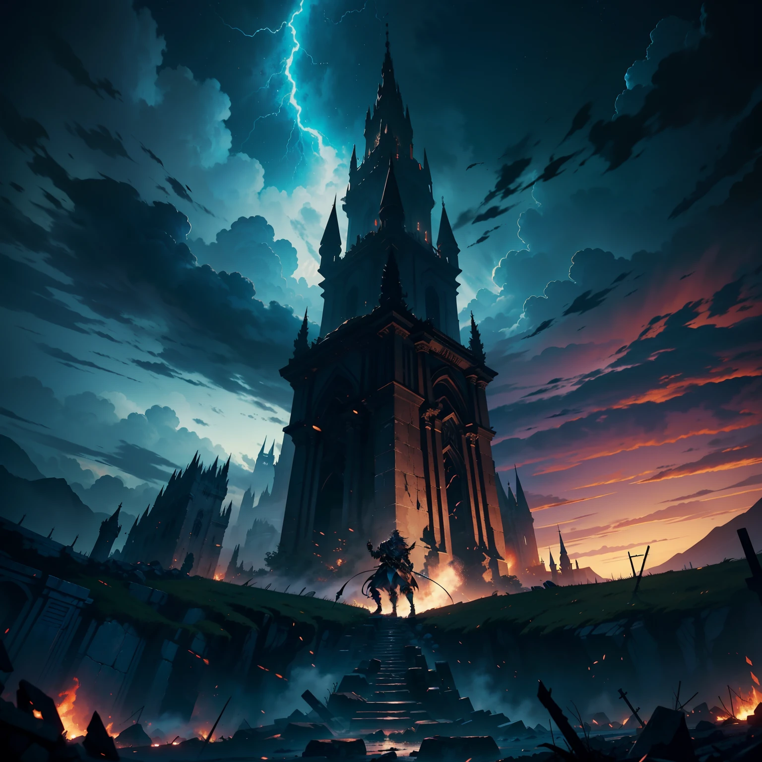In the epic battle scene of Castlevania: Lords of the Shadows, imagine the formidable confrontation between Gabriel Belmont wearing full heavy armor Wearing leather The armor covers his entire hyper realistic body super detailed and the fearsome Titan at the top of the ancient mountain. Lightning crackles in the stormy sky as they engage in a legendary confrontation, Leurs pouvoirs entrent en collision avec une force qui fait trembler la terre. The Titan's colossal fists collide with Gabriel's enchanted whip, tandis que le paysage tremble sous leur lutte titanesque