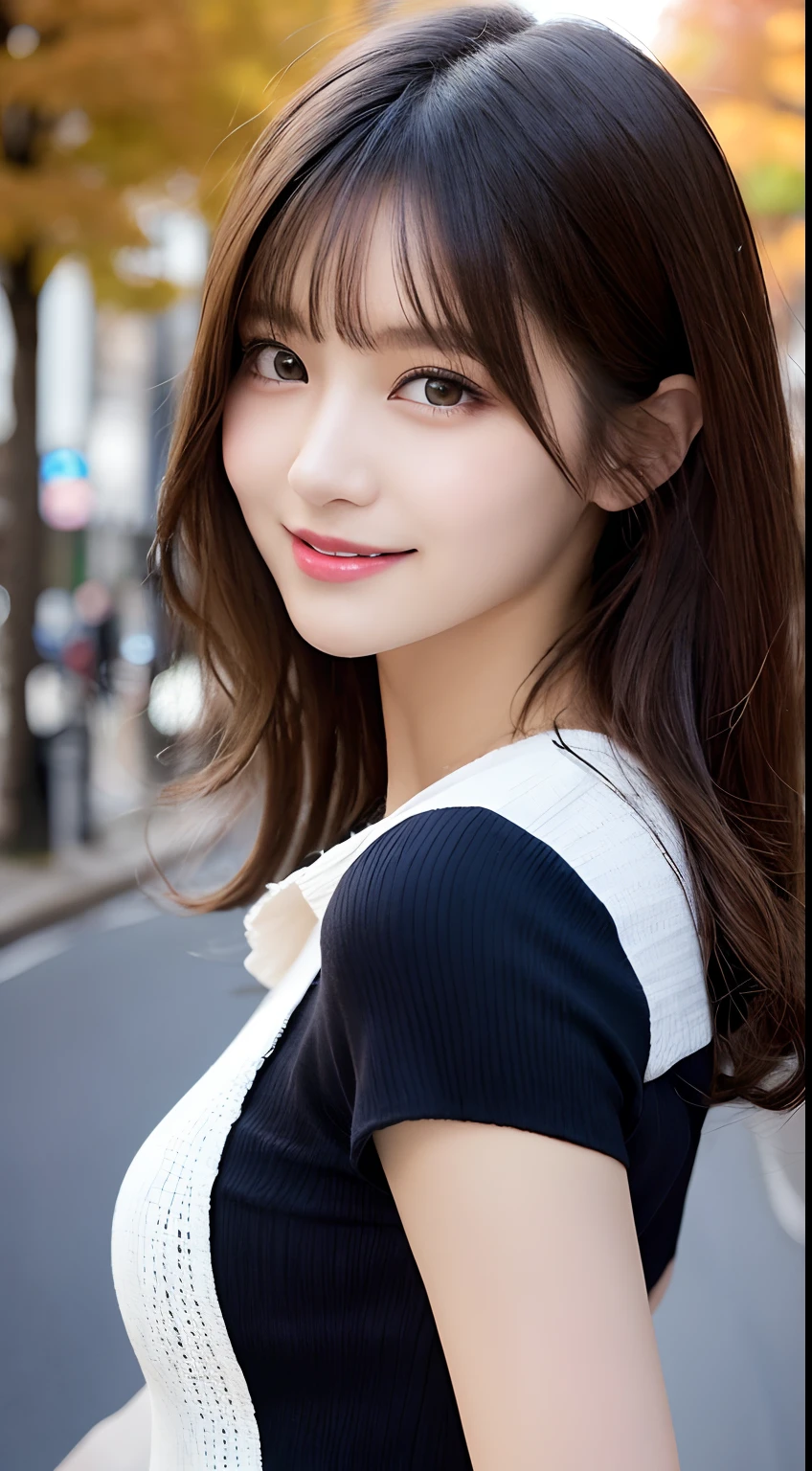 masutepiece, Best Quality, Illustration, Ultra-detailed, finely detail, hight resolution, 8K Wallpaper, Perfect dynamic composition, Beautiful detailed eyes, Women's Fashion Autumn,waved hair,small tits、Natural Color Lip, Bold sexy poses,Smile,Harajuku、20 years girl、Cute、Sexy shot looking at camera