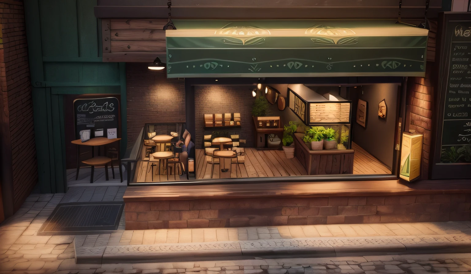 "coffee shop with lush greenery, detailed and realistic, 4k"