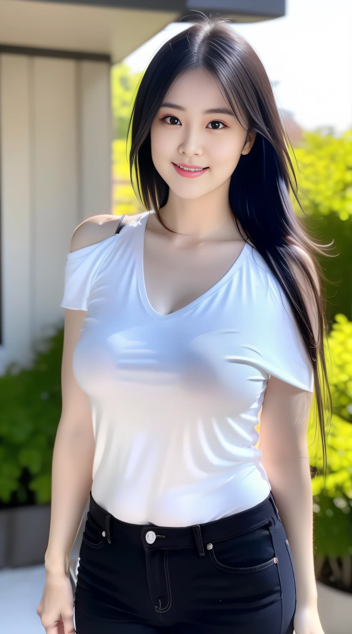 \(8K, RAW photo, Masterpiece:1.2\), \(Realistic, photo-realistic:1.37\), \(ulzang-6500-v1.1\), 1girll, \(Kaziran has large eyes and double eyelids\), \(The facial features are delicate and delicate, Fair skin is rosy, And the cheeks are slightly fat\), \(\(detailed clothes features\)\), Realistic, Roar in the audience, ssmile, (Photo background scenery:1.2), , Black hair, (Slightly chubby),(Shoulder-length hair:1.4),Curvy, Small and beautiful waist, (Sweet smile), . (Cute girl:1.2), (Mid-chest:1.2),, tee shirt,casual pants