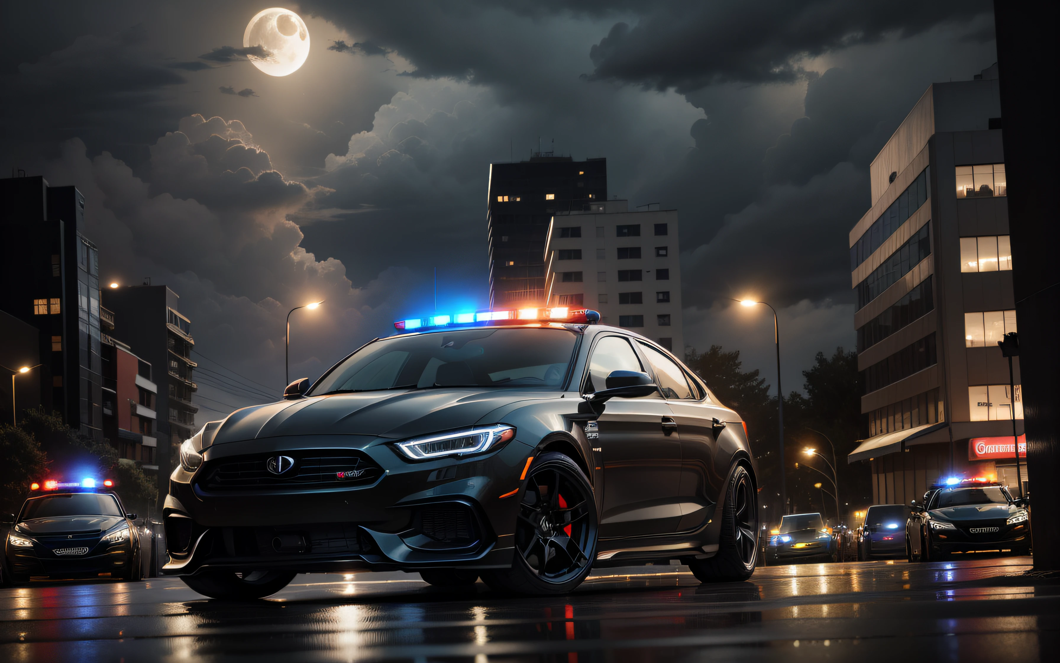 Black tones，urban backdrop，the night，police cars，racer，themoon，dark stormy clouds，Mattire
