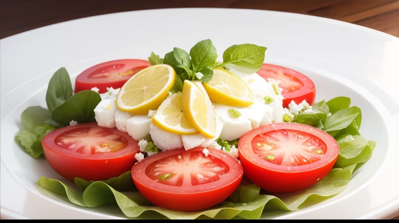 There is a plate of spring salad, salada de alface, tomates, lemon, manga