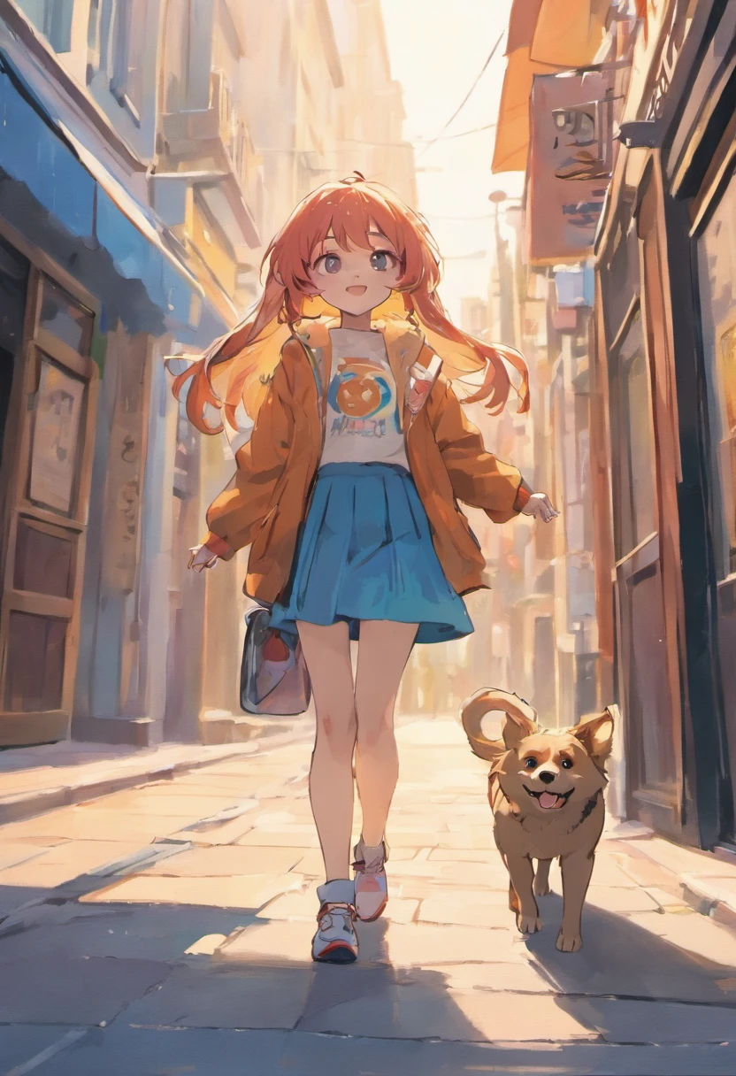 a girl walking her dog,illustration,detailed drawing,playful mood,vibrant colors,street scene,urban background,leisurely stroll,happy atmosphere,joyful moment,medium:1.2,ultra-detailed,realistic,photorealistic,cute dog breed,pretty smile,warm sunlight,creatively composed frame,shadows and highlights,professional pic,puppy's wagging tail,beautiful eyes,long flowing hair,stylish outfit,bright sunny day,bokeh,