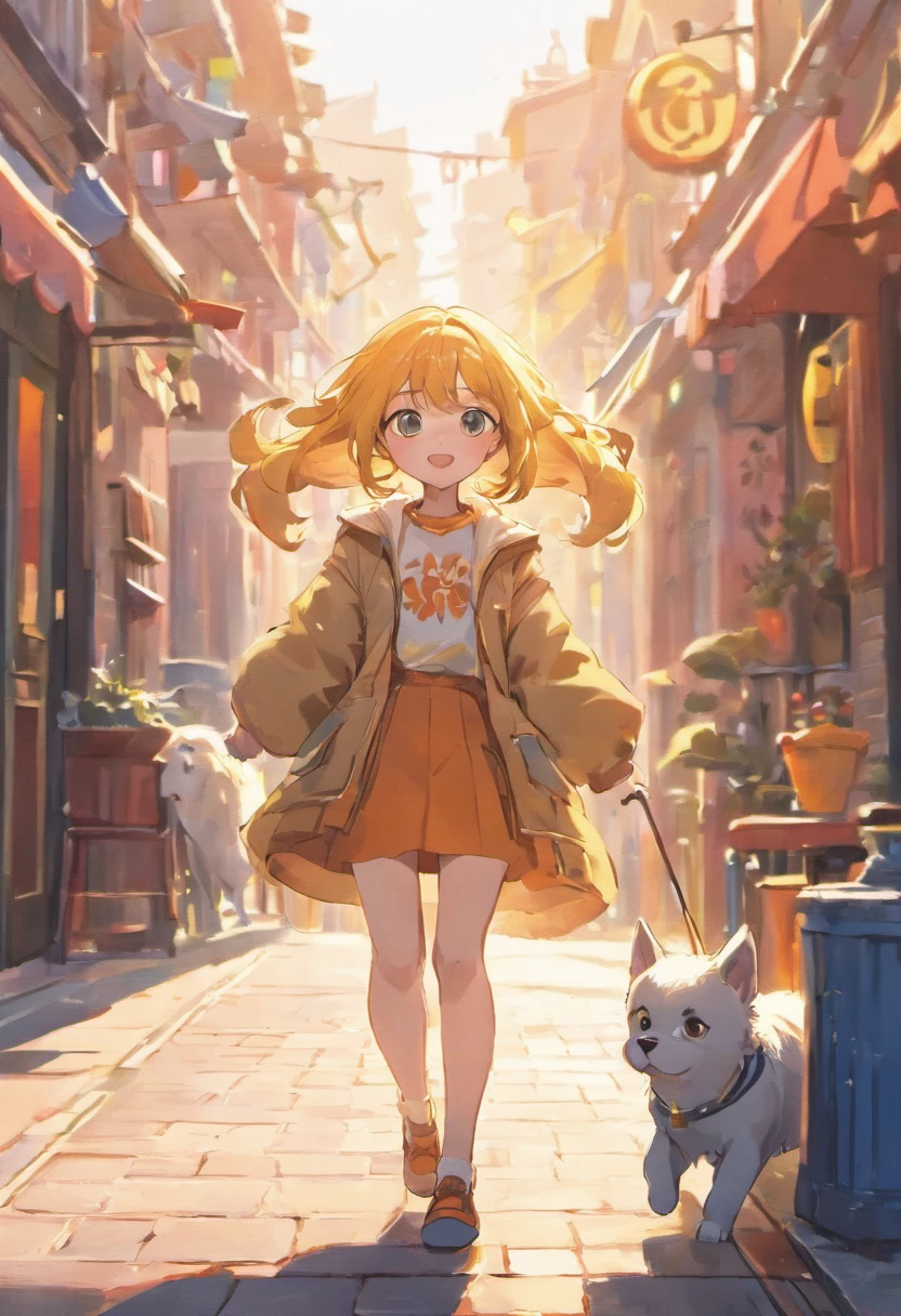 a girl walking her dog,illustration,detailed drawing,playful mood,vibrant colors,street scene,urban background,leisurely stroll,happy atmosphere,joyful moment,medium:1.2,ultra-detailed,realistic,photorealistic,cute dog breed,pretty smile,warm sunlight,creatively composed frame,shadows and highlights,professional pic,puppy's wagging tail,beautiful eyes,long flowing hair,stylish outfit,bright sunny day,bokeh,