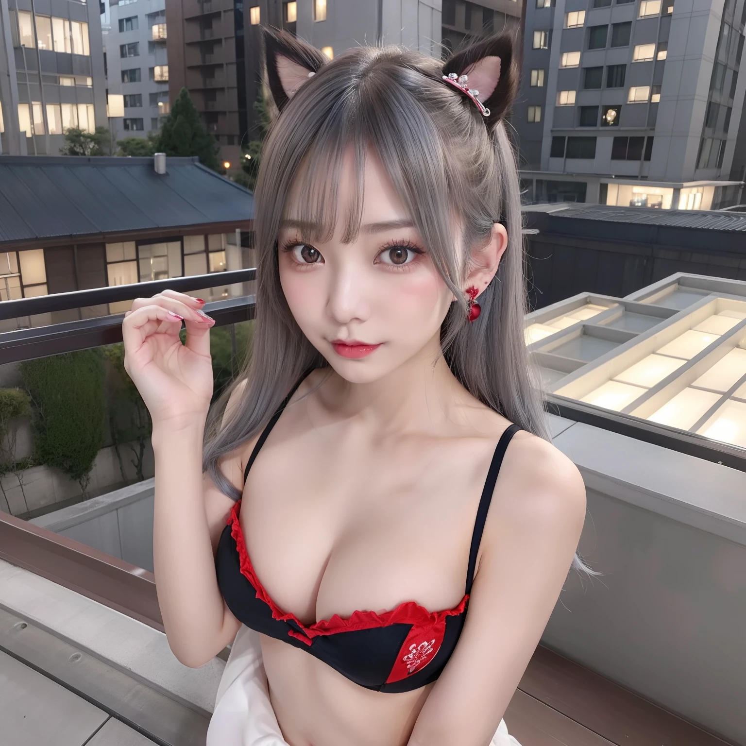 Gray hair color。The hairstyle is handsome short。hposing Gravure Idol。A Japanese Lady。Very cute。Large piercings are on the ears。Kateikaze Kashii。Darker makeup。Smooth skin。high-level image quality。huge tit。Menhera style。Red underwear。Background is the rooftop of a high-rise building。drooing eyes。