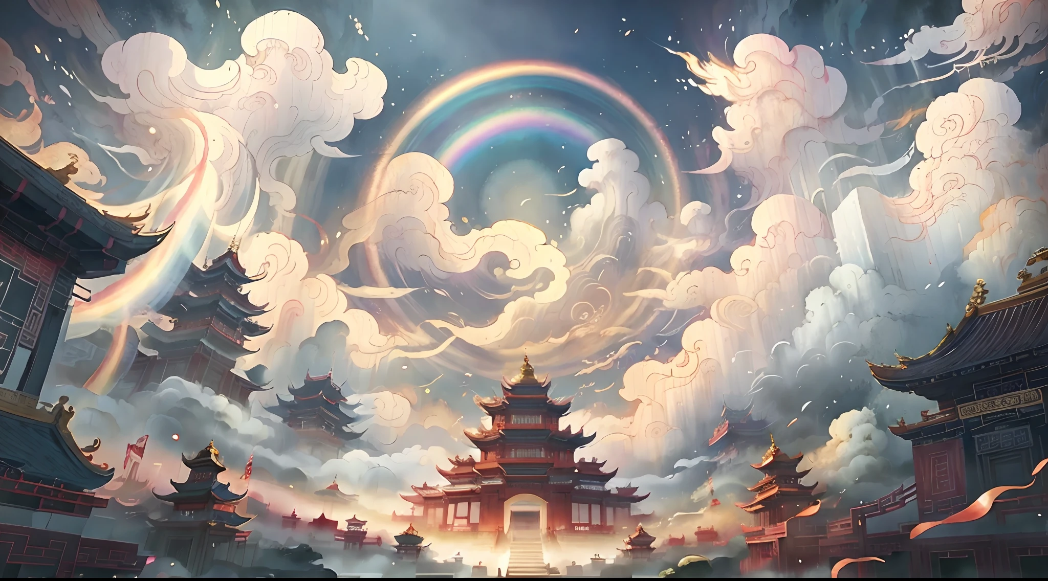 A style of painting a temple with a rainbow in the sky, ross tran. scenery background, Chinese painting style, G Liulian art style, Chinese fantasy, Cloud Palace, author:Qu Leilei, trending on cgstation, by Yang J, Rosla global lighting, floating lands in-clouds, Chinese watercolor style, author:Huang Shen, By Li Song, Anime fantasy illustration,Chinese watercolor style, Chinese painting style