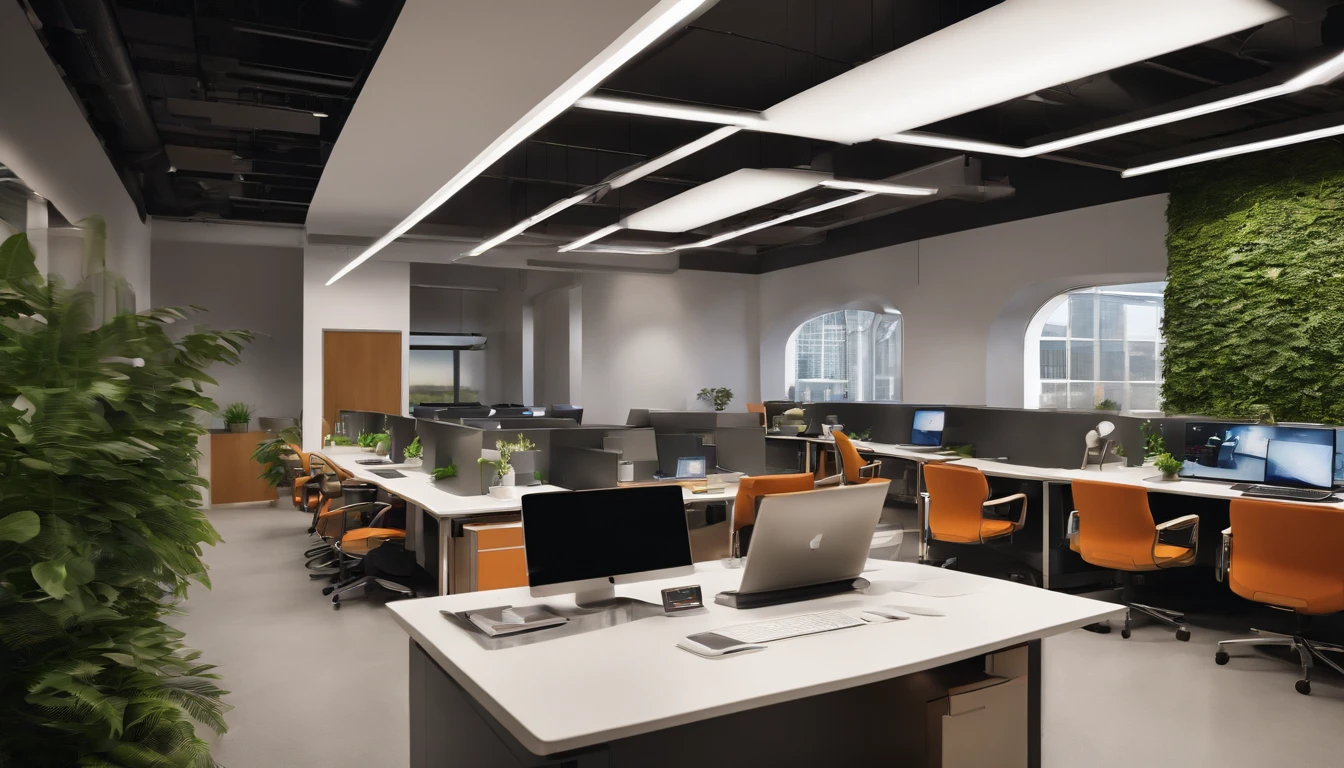 In this vibrant office scene, a creative and futuristic workspace comes to life. The walls are adorned with large, colorful murals depicting tech-inspired artwork, adding a dynamic and energetic feel to the space. Sleek and modern desks are neatly arranged, each equipped with state-of-the-art computer monitors and ergonomic chairs. The room is bathed in natural light, streaming in through large windows, creating a bright and inviting atmosphere. The floor is polished and reflective, adding a touch of sophistication to the overall design. The office is buzzing with activity, as employees collaborate and brainstorm ideas at communal workspaces. Whiteboards and glass walls are filled with sketches, notes, and diagrams, showcasing the innovative and creative nature of the work taking place. The office is teeming with high-tech gadgets and equipment, from virtual reality headsets to cutting-edge 3D printers, demonstrating the forward-thinking and tech-savvy nature of the environment. Plants and greenery are strategically placed throughout the office, adding a touch of nature and tranquility to the space. The overall ambiance is one of creativity, collaboration, and excitement, making it the perfect backdrop for any IT-related activity. This office is a true representation of a modern, creative, and innovative workspace.