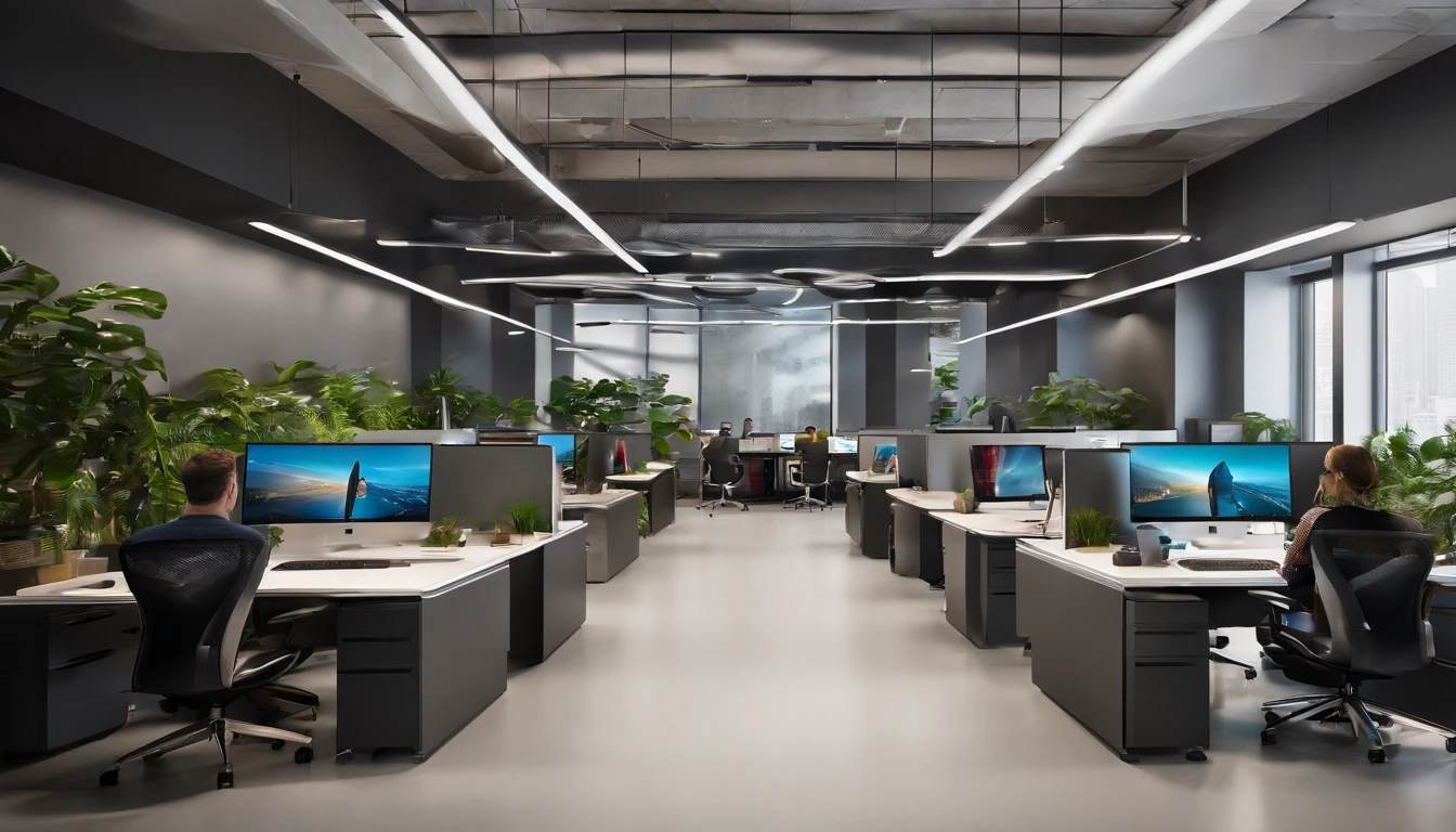 In this vibrant office scene, a creative and futuristic workspace comes to life. The walls are adorned with large, colorful murals depicting tech-inspired artwork, adding a dynamic and energetic feel to the space. Sleek and modern desks are neatly arranged, each equipped with state-of-the-art computer monitors and ergonomic chairs. The room is bathed in natural light, streaming in through large windows, creating a bright and inviting atmosphere. The floor is polished and reflective, adding a touch of sophistication to the overall design. The office is buzzing with activity, as employees collaborate and brainstorm ideas at communal workspaces. Whiteboards and glass walls are filled with sketches, notes, and diagrams, showcasing the innovative and creative nature of the work taking place. The office is teeming with high-tech gadgets and equipment, from virtual reality headsets to cutting-edge 3D printers, demonstrating the forward-thinking and tech-savvy nature of the environment. Plants and greenery are strategically placed throughout the office, adding a touch of nature and tranquility to the space. The overall ambiance is one of creativity, collaboration, and excitement, making it the perfect backdrop for any IT-related activity. This office is a true representation of a modern, creative, and innovative workspace.