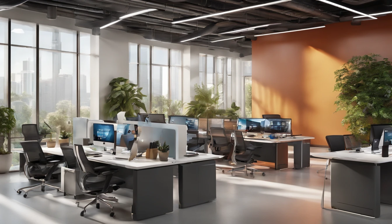 In this vibrant office scene, a creative and futuristic workspace comes to life. The walls are adorned with large, colorful murals depicting tech-inspired artwork, adding a dynamic and energetic feel to the space. Sleek and modern desks are neatly arranged, each equipped with state-of-the-art computer monitors and ergonomic chairs. The room is bathed in natural light, streaming in through large windows, creating a bright and inviting atmosphere. The floor is polished and reflective, adding a touch of sophistication to the overall design. The office is buzzing with activity, as employees collaborate and brainstorm ideas at communal workspaces. Whiteboards and glass walls are filled with sketches, notes, and diagrams, showcasing the innovative and creative nature of the work taking place. The office is teeming with high-tech gadgets and equipment, from virtual reality headsets to cutting-edge 3D printers, demonstrating the forward-thinking and tech-savvy nature of the environment. Plants and greenery are strategically placed throughout the office, adding a touch of nature and tranquility to the space. The overall ambiance is one of creativity, collaboration, and excitement, making it the perfect backdrop for any IT-related activity. This office is a true representation of a modern, creative, and innovative workspace.