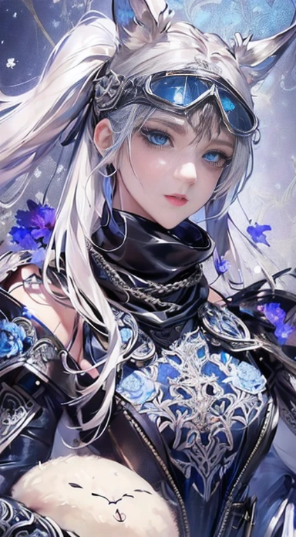 (Top resolution, Distinct_image) Best Quality, Women's masterpieces, Highly detailed, 1womanl,solo person,Half realistic, (Systemic), Silver hair, Bangs, 18 years old, 年轻, Silver Accessories,Short Grey Silver Lace Skirt, (((Perfect face:1))), Sharp face, (bright blue almond eyes), ((Invincible smile:1)), (standing painting), (Exquisite facial features, Exquisite facial features), adolable, ((Silver bodysuit with intricate design)), Silvery little cat ears, (((Wearing leather goggles with blue lenses))), ((Black scarf with blue floral pattern and intricate design)), Dark large bamboo forest on background, abandoned houses,