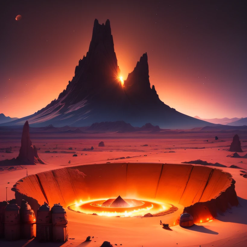 Alien base (Very detailed) In the mountainous desert,There are several exhaust fans and chimneys, Some spotlights come out of the base to illuminate dark places, (Extreme nights), Some clouds in the night sky, Some of the surrounding planets provide air to unknown planets,The farthest giant volcano is erupting