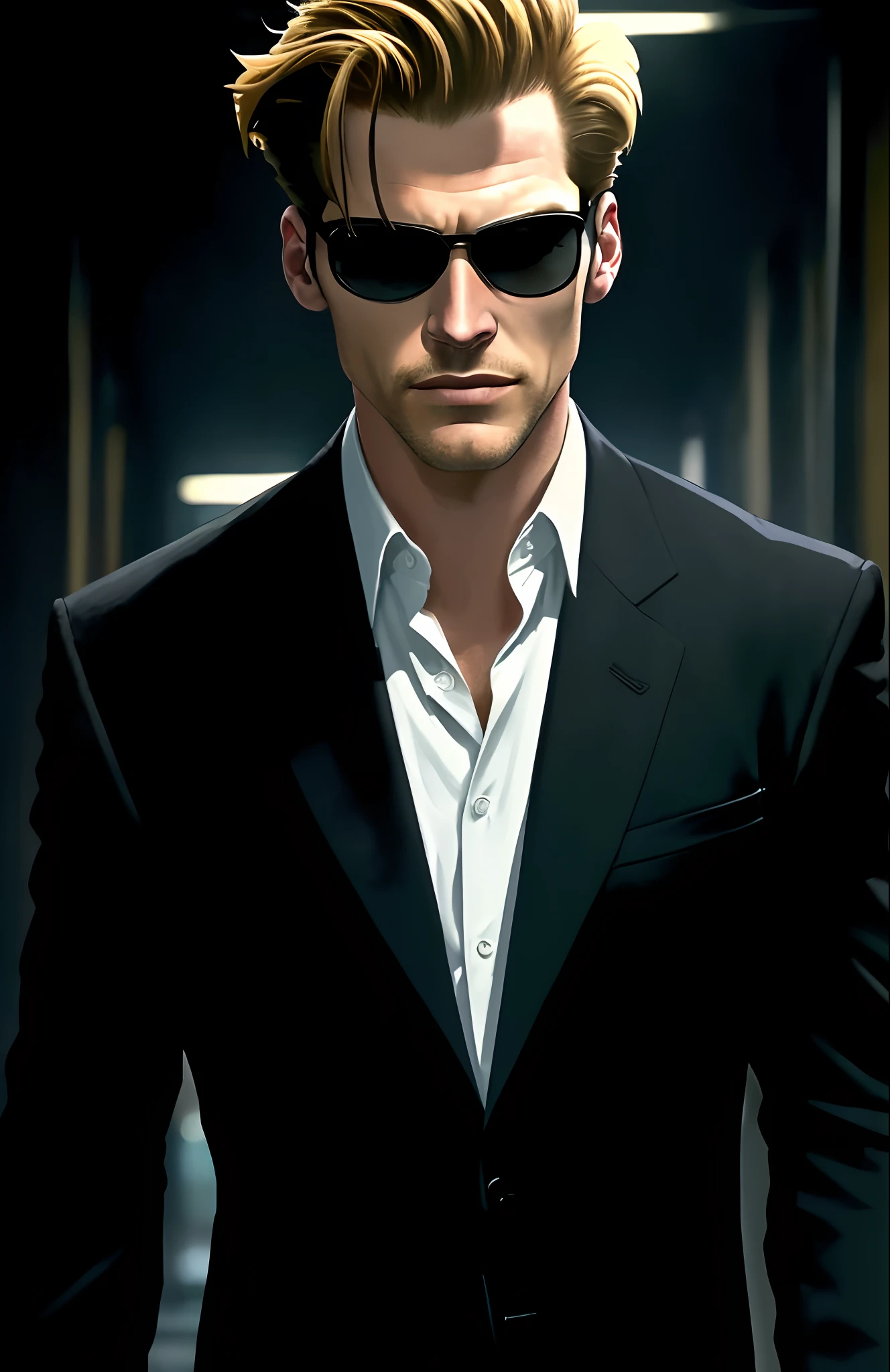 ((Best quality)), ((Masterpiece)), (Detailed) Fan art of evil blonde man (Guy Pierce) Coming out of the shadows in a pitch-black suit, blond ((Guy Pierce)) Step into the light and walk towards the camera, Guy Pierce, The Matrix (1999), Square sunglasses, Night, 80mm, ((western animation)), (albert wesker), (Short hair), (Extreme closeup)