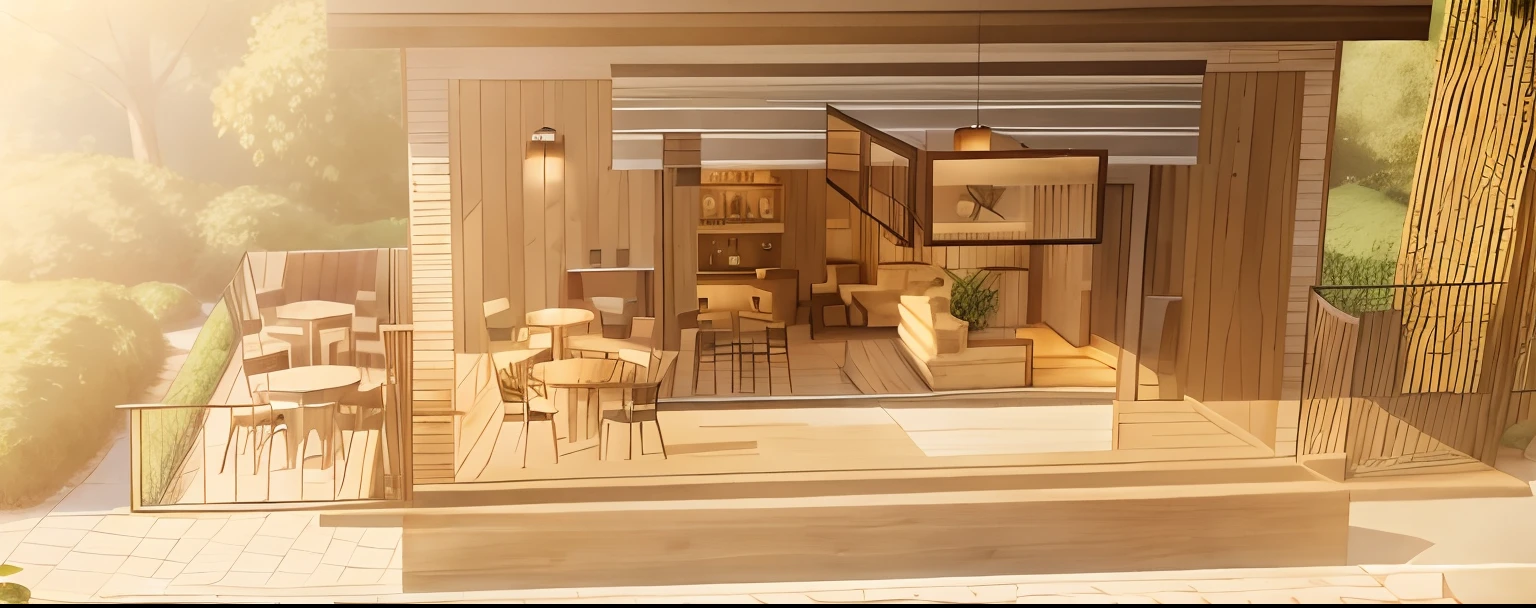 "coffee shop, warm sunlight scenery"Full prompt: "coffee garden, cozy atmosphere, tranquil setting, rustic charm, greenery, outdoor seating, relaxing ambiance, sunlight filtering through trees, aromatic coffee, serene escape.""house construction"