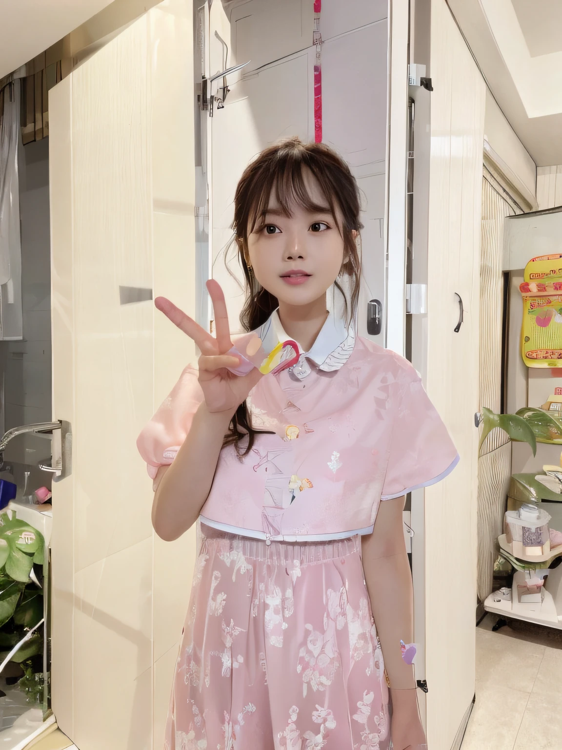 There was a young girl standing in the room making a peace sign, xintong chen, Wang Qichao, wenfei ye, Zhang Wanting, wei wang, jinyiwei, Li Zixin, yanjun cheng, wenjun lin, xision wu, young and cute girl, Gemma Chen, from china, chengyou liu
