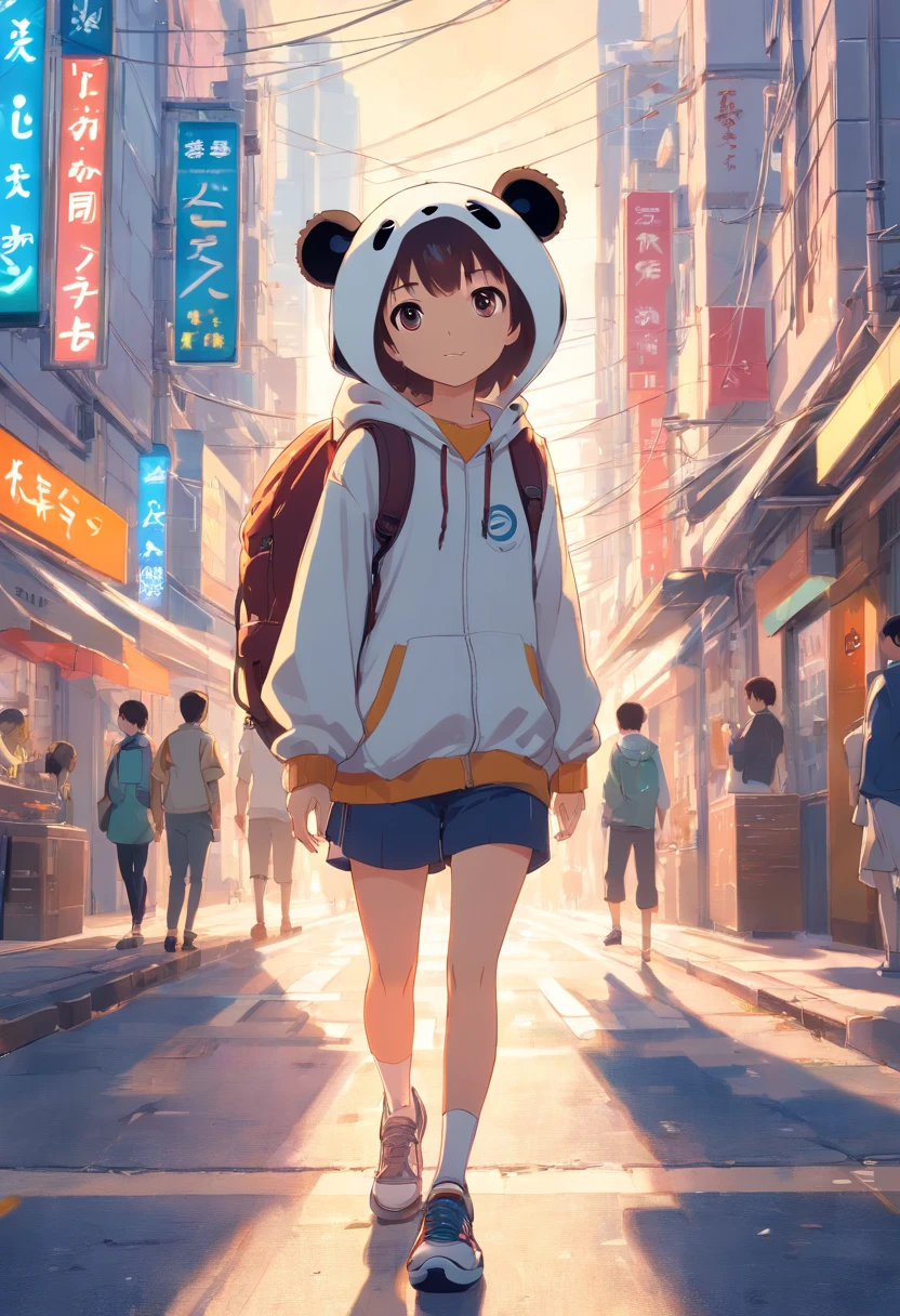 ((foto crua)), ((obra-prima)), Anthropomorphic humanoid panda wearing street clothes, andando entre as pessoas, detalhe intrincado, intricate Greebles pieces, city behind, sneaker, corpo musculoso, muscular arms, small head, Ogro monstruoso, Titan, soft-lighting, Hiper realista