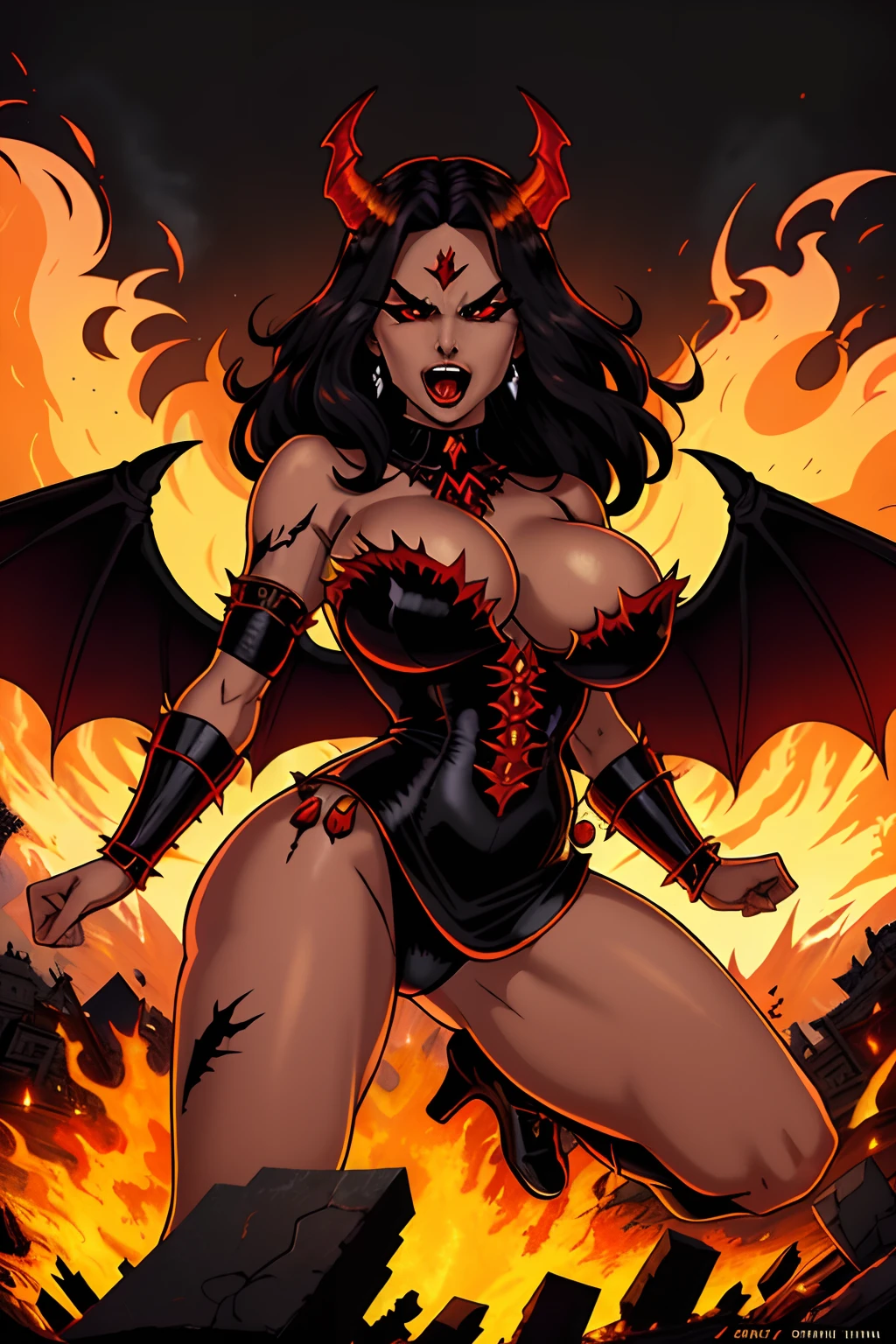 Ultra-detailed Lisa Ann stands atop a pile of burning ruins, Her diabolical and insidious presence radiating from her dark crown and black and red evil queen dress......... Her demon wings on her back and demon horn give her an invincible aura as she unleashes a powerful wave of destruction with a single gesture................