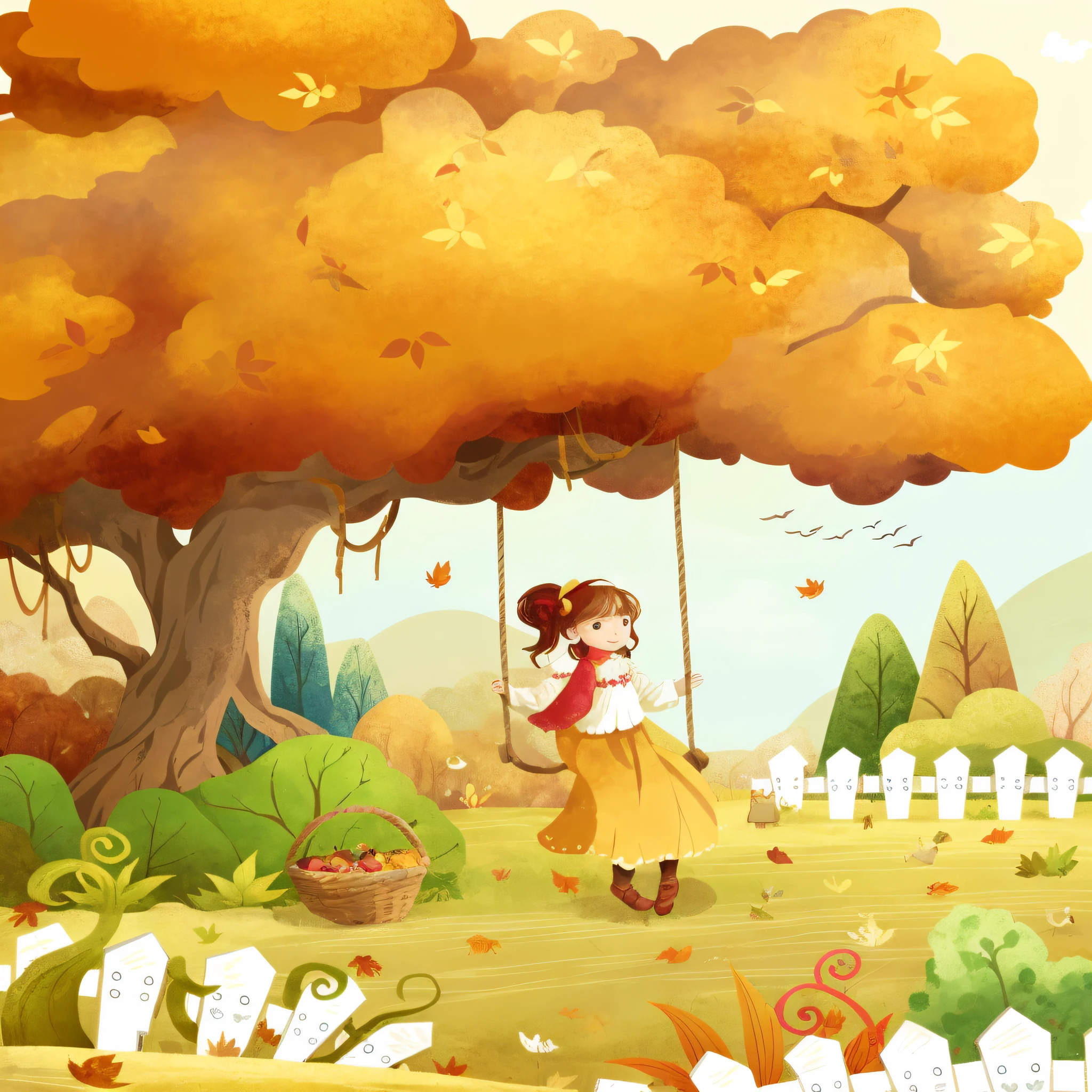 there is a girl that is standing under a tree with a swing, a beautiful artwork illustration, fairy-tale illustration style, colorful kids book illustration, cute storybook illustration, dreamy illustration, autumn season, children book illustration, fairy tale style background, colorful illustration, story book illustration, in the autumn, childrenbook illustration, kids book illustration, children’s book illustration